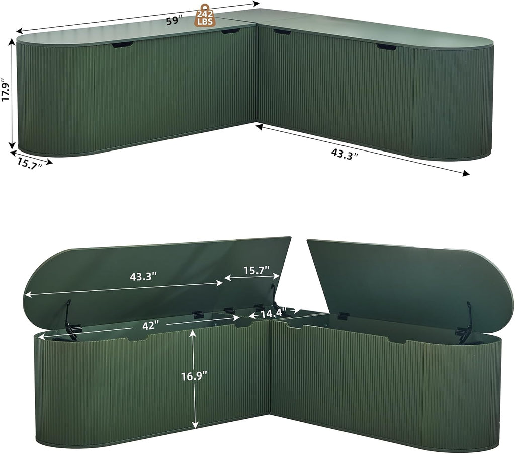 Green Fluted L Shaped Storage Breakfast Nook Bench