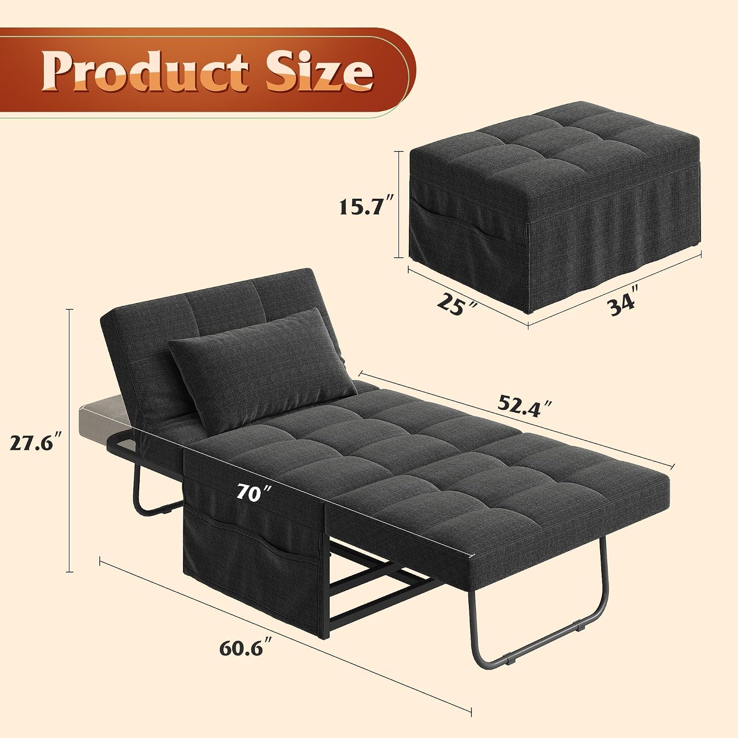 Dark Grey 4-in-1 Folding Ottoman Sofa Bed