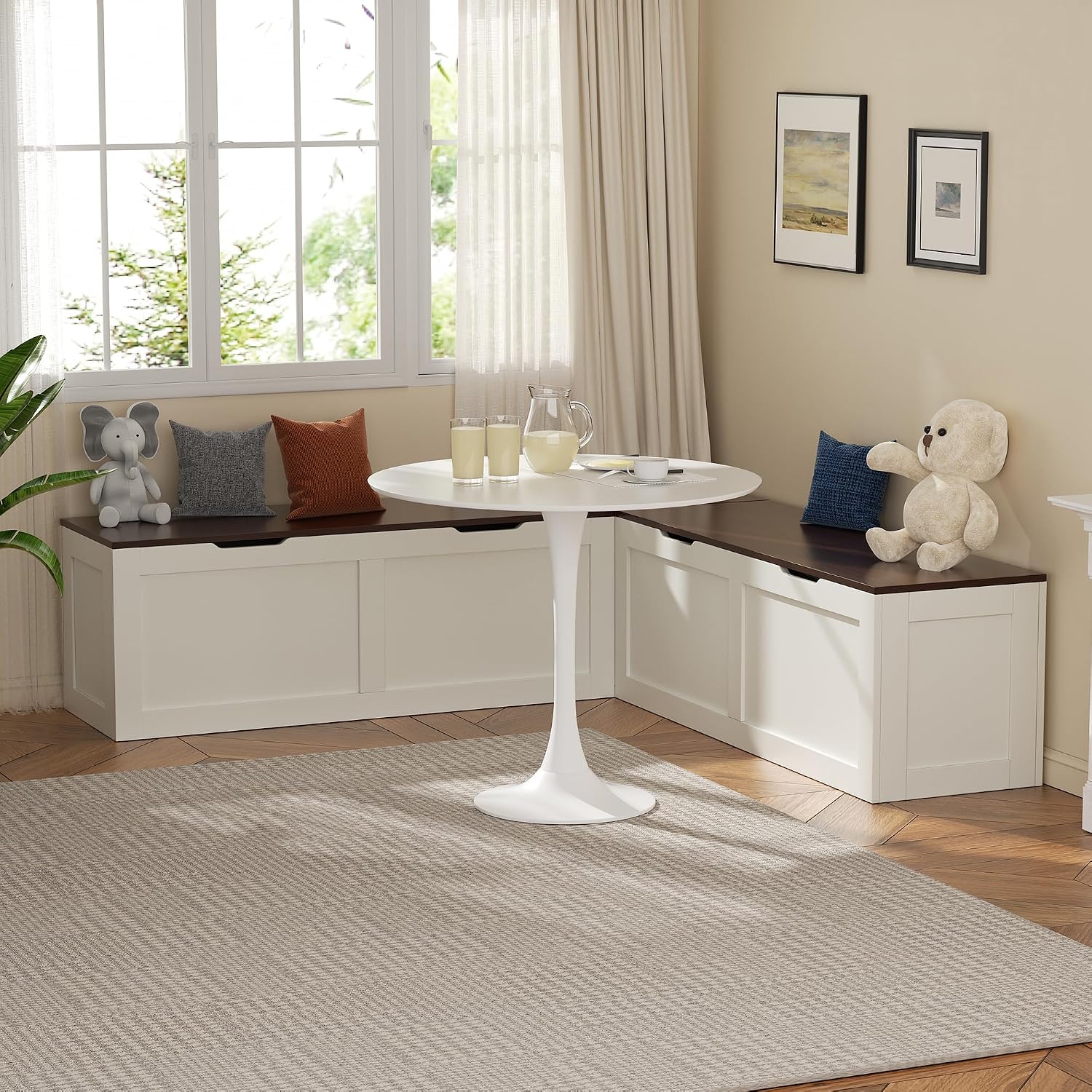 Walnut White L Shaped Storage Breakfast Nook Bench