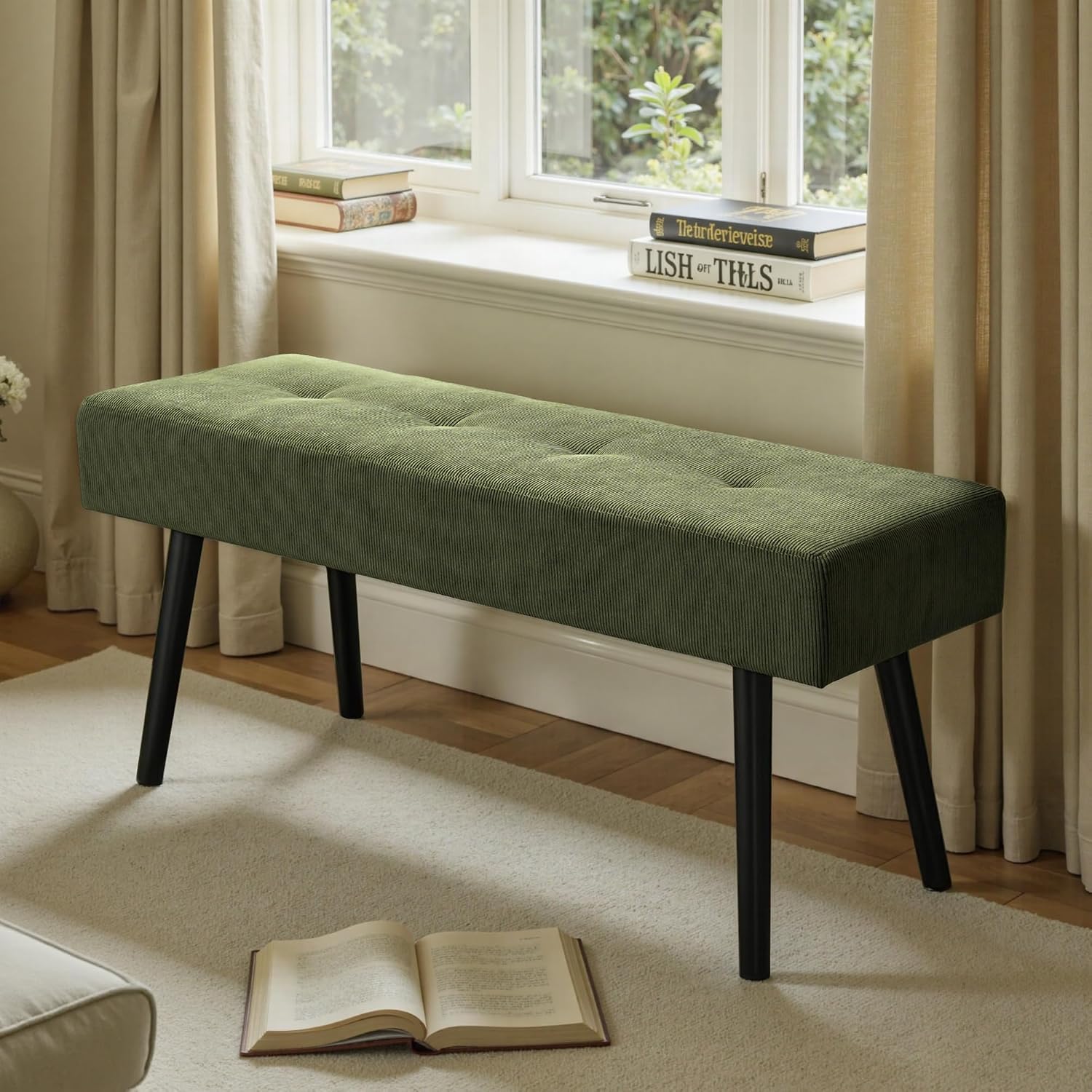 Green Corduroy Padded Entryway Ottoman Bench