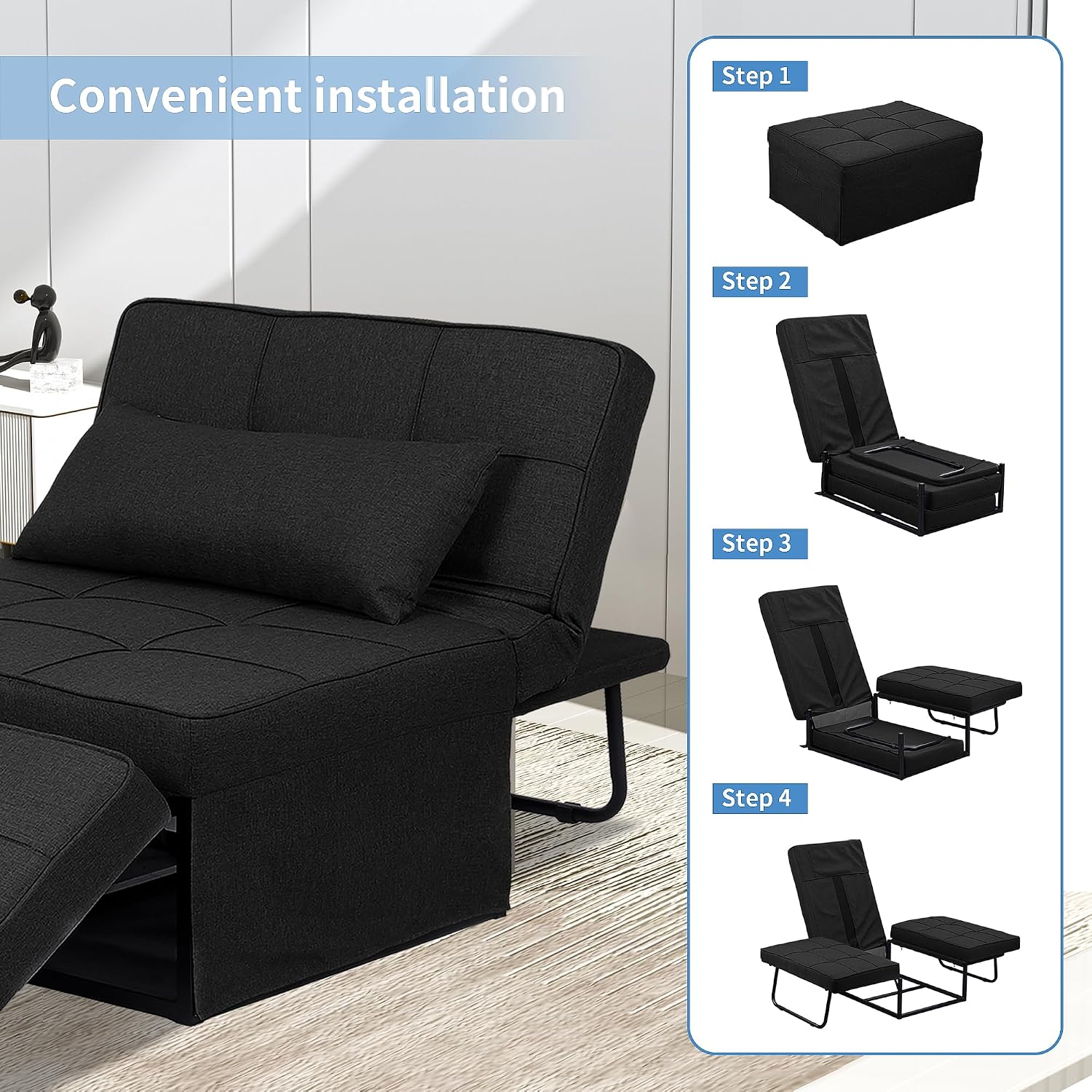 Black 4-in-1 Foldable Sofa Bed Ottoman