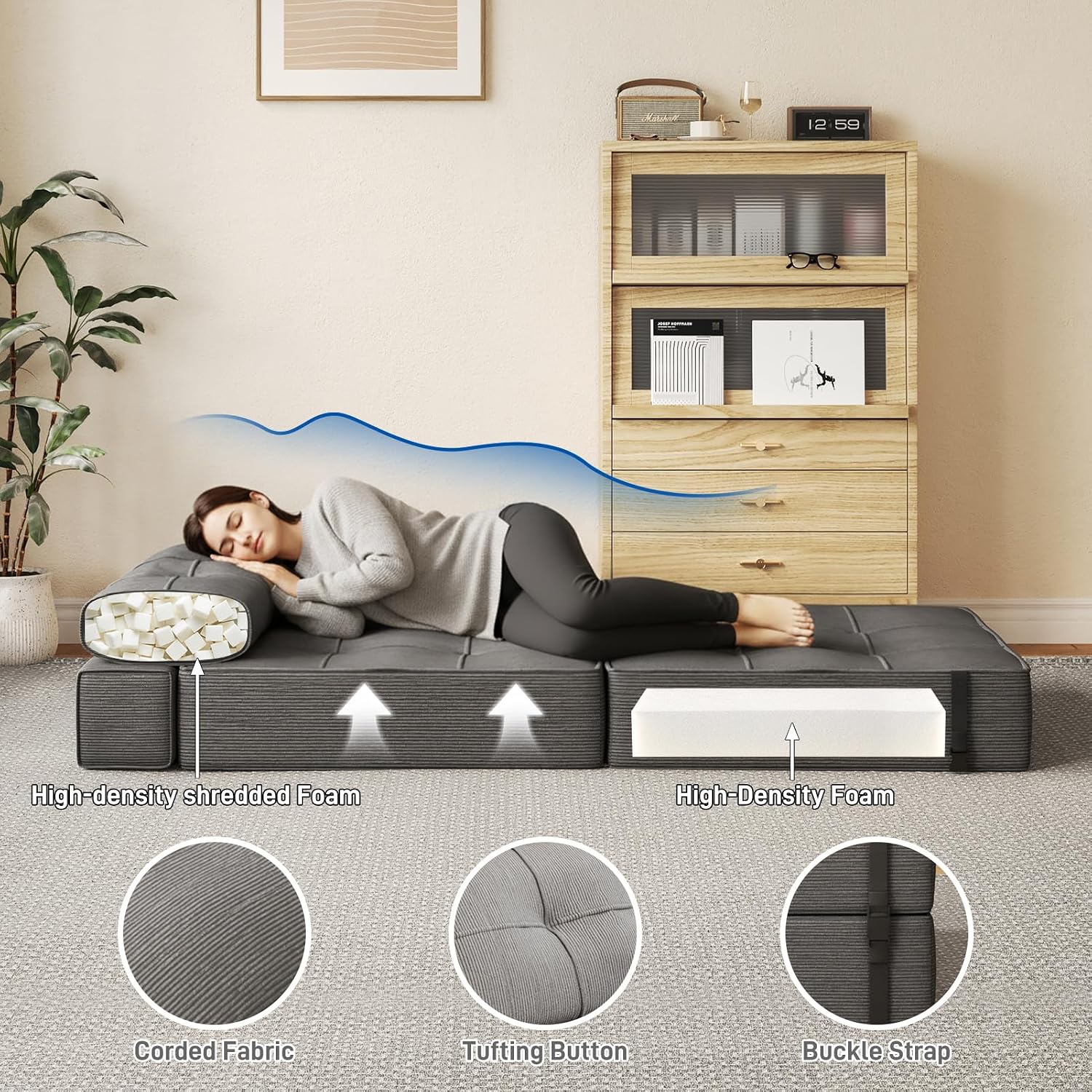 Gray Corduroy 3-in-1 Sofa Bed Ottoman