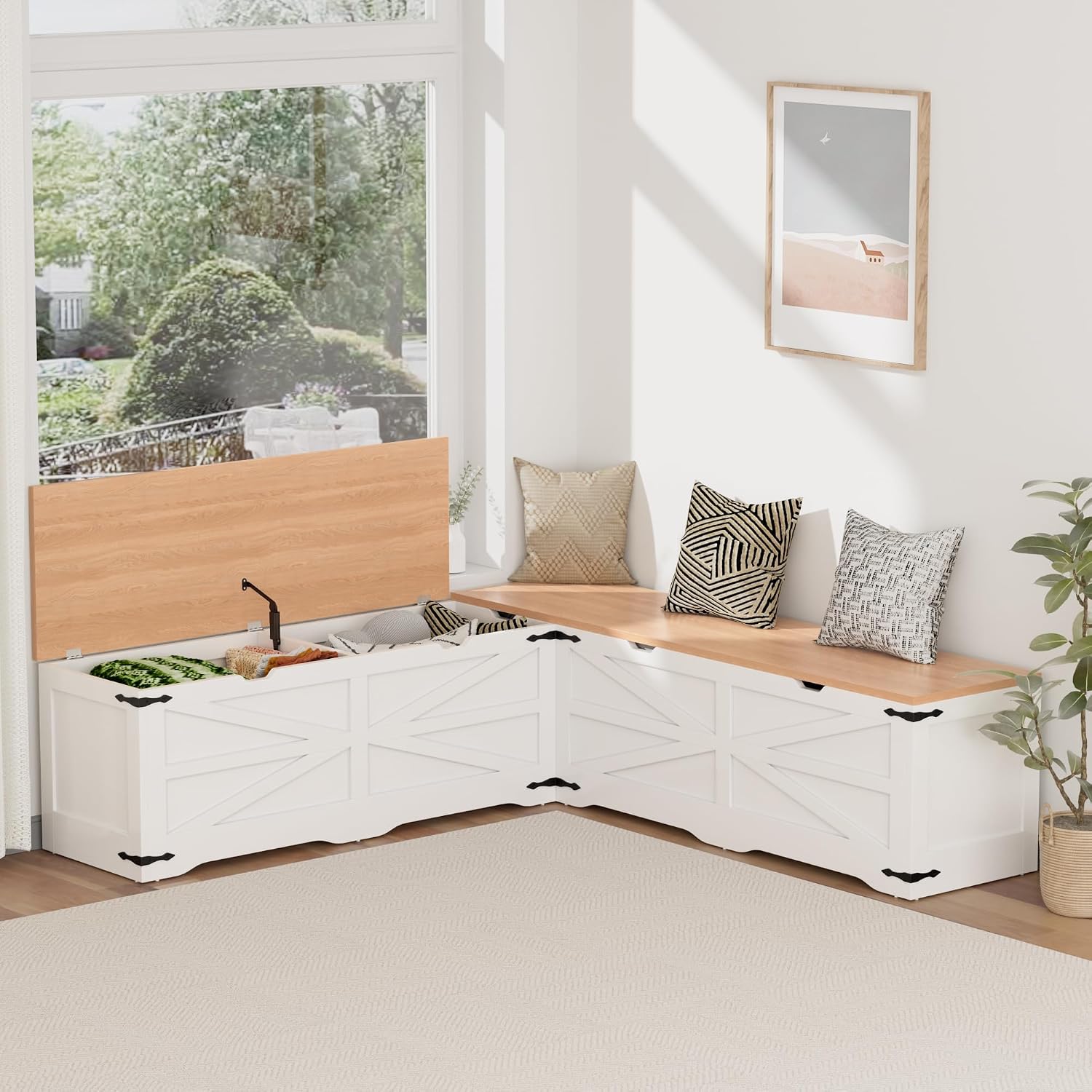 Farmhouse L Shaped Storage Corner Bench