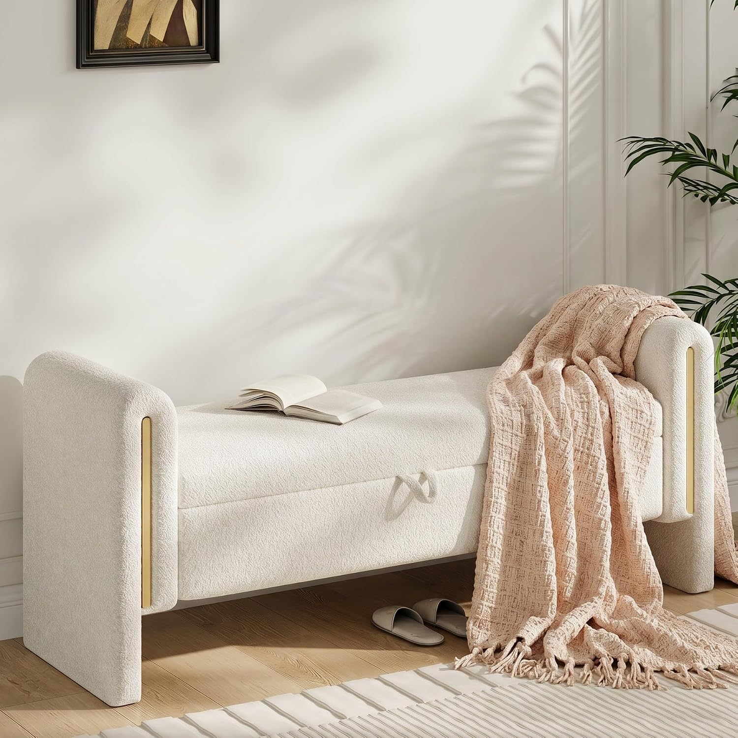 Cream Teddy Storage Ottoman Bench With Armrest