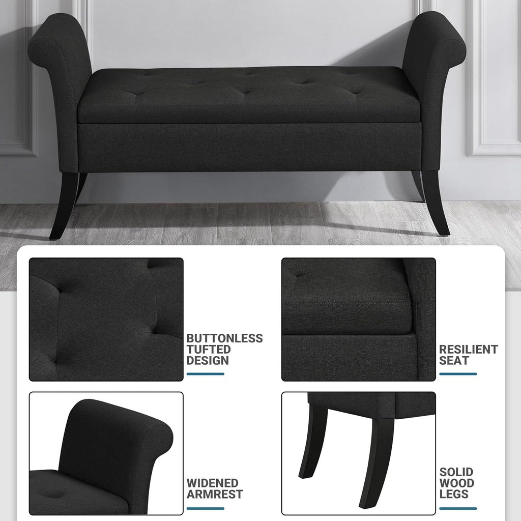 Black Upholstered Storage Ottoman Bench With Safety Hinge