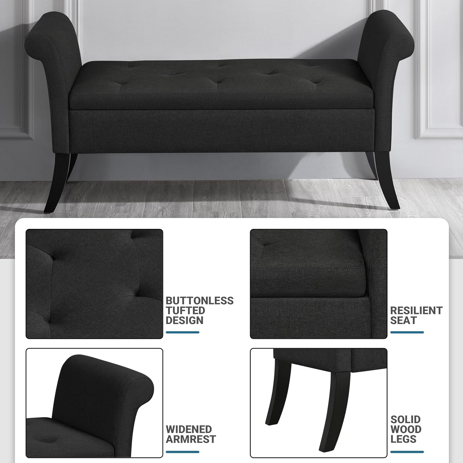 Black Upholstered Storage Ottoman Bench With Safety Hinge