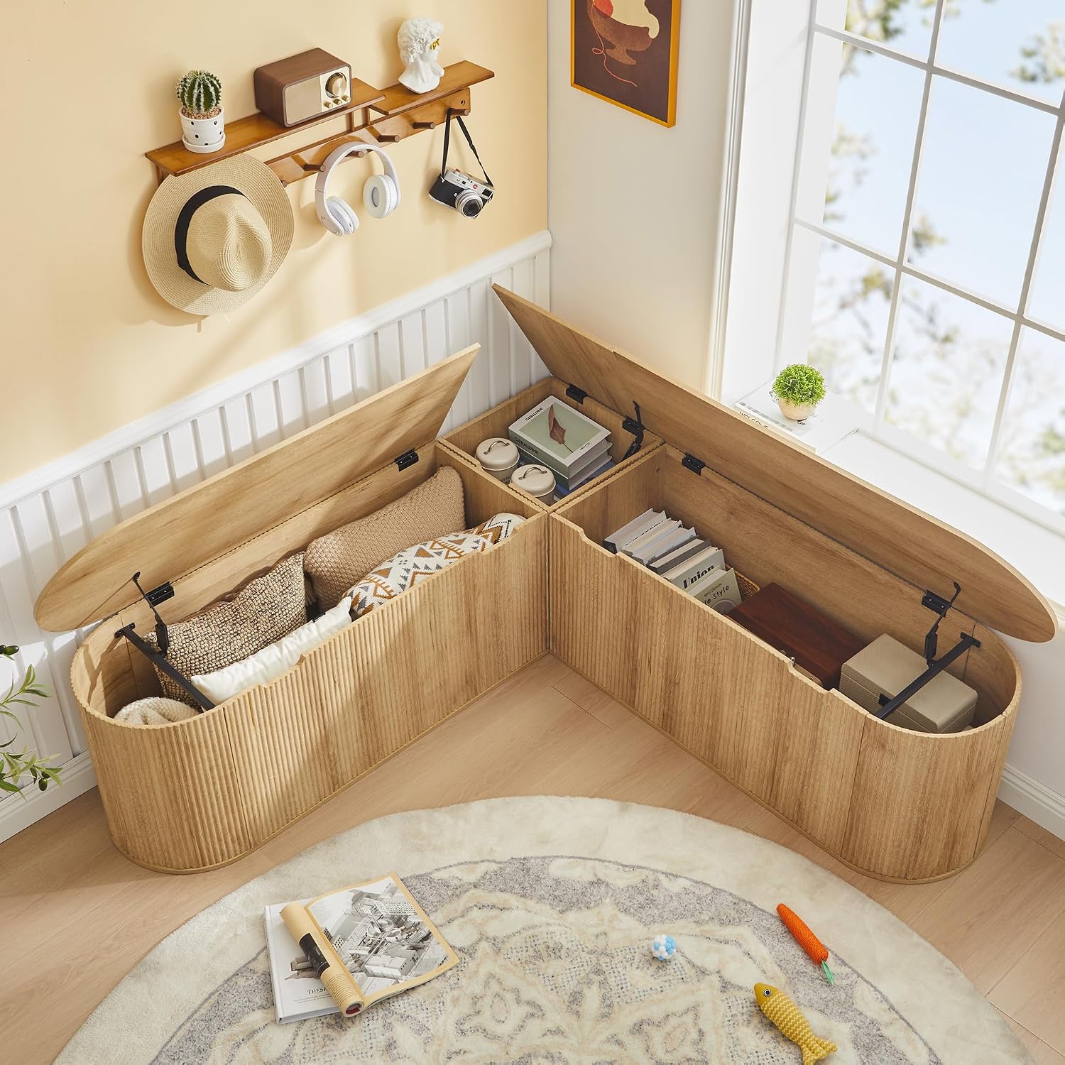 Natural Fluted L Shaped Storage Breakfast Nook Bench