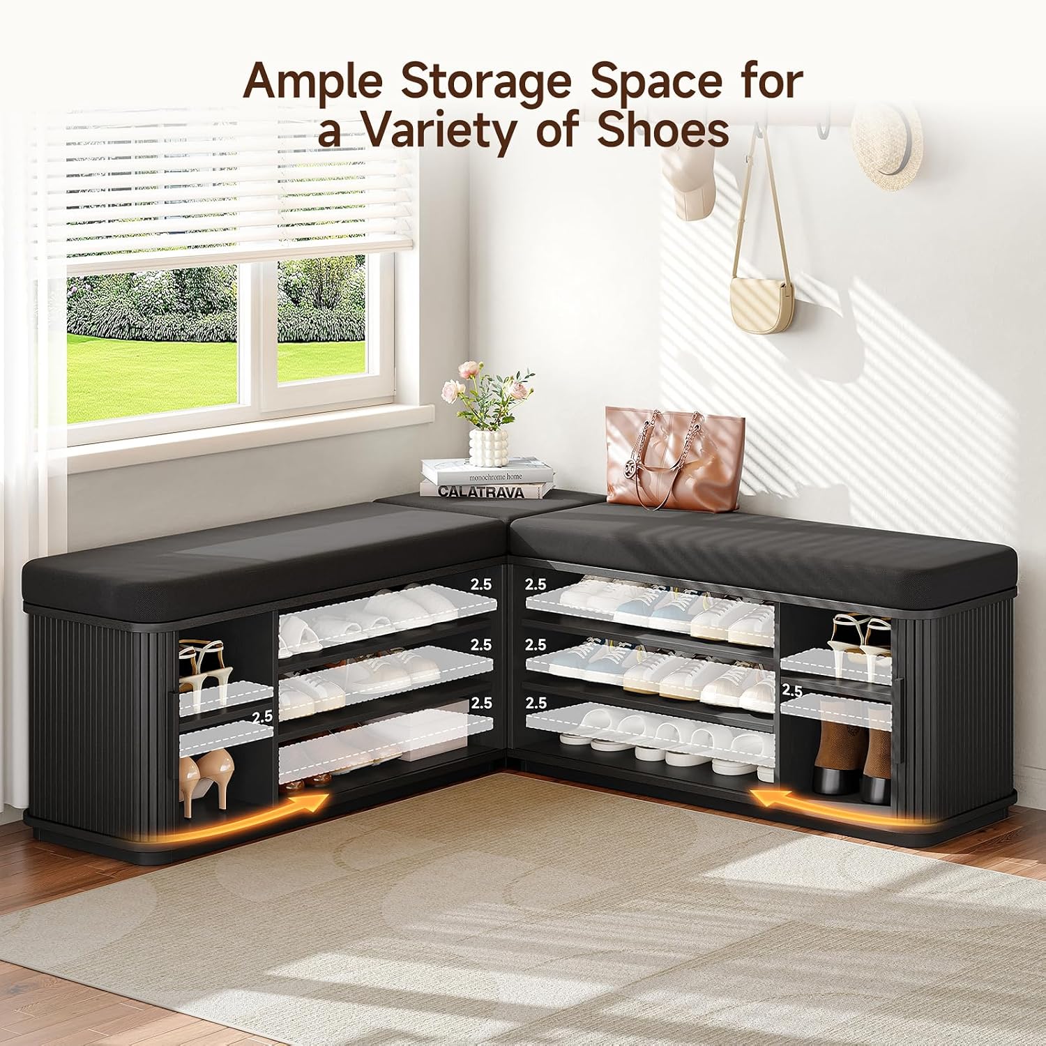 Black L Shaped Storage Nook Bench With Cushion