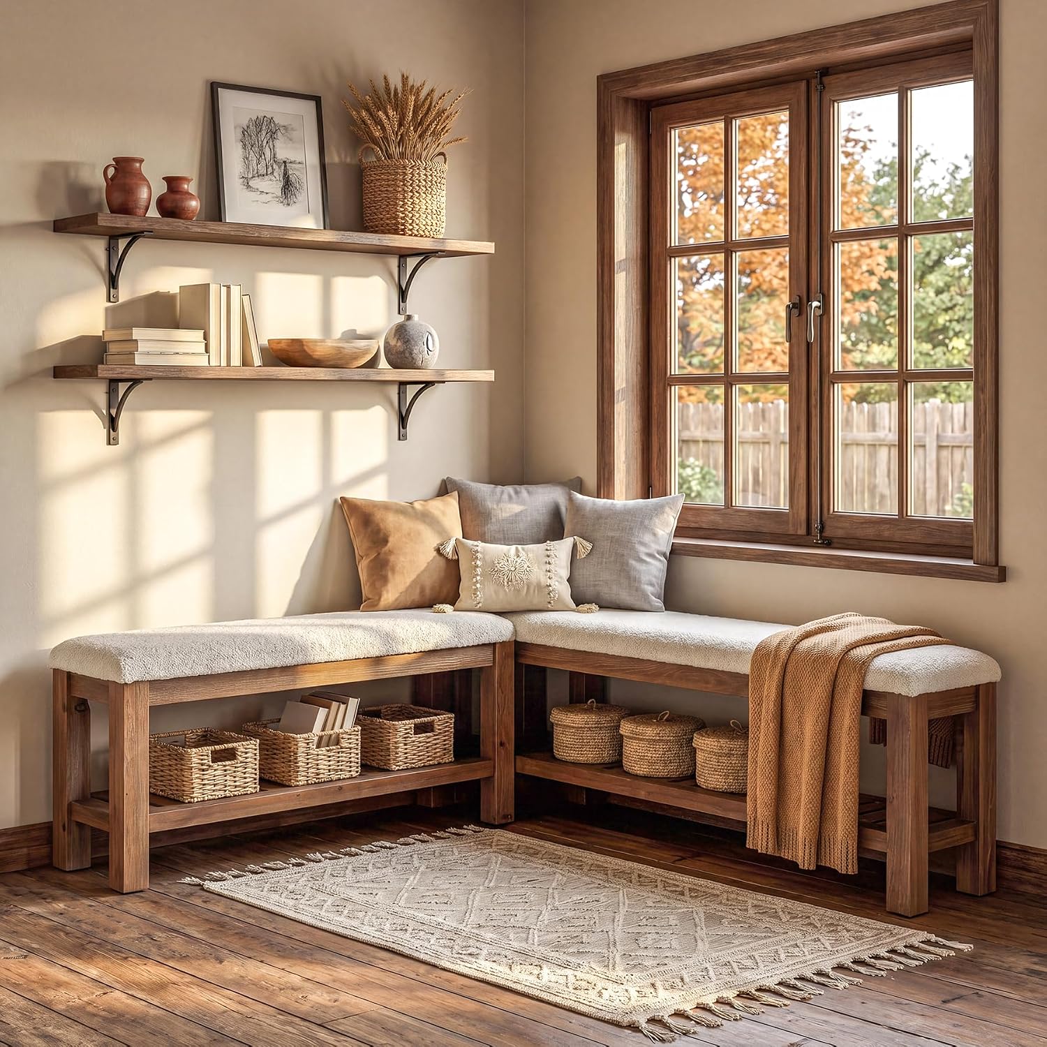 White Brown Solid Wood L Shaped Storage Bench Set