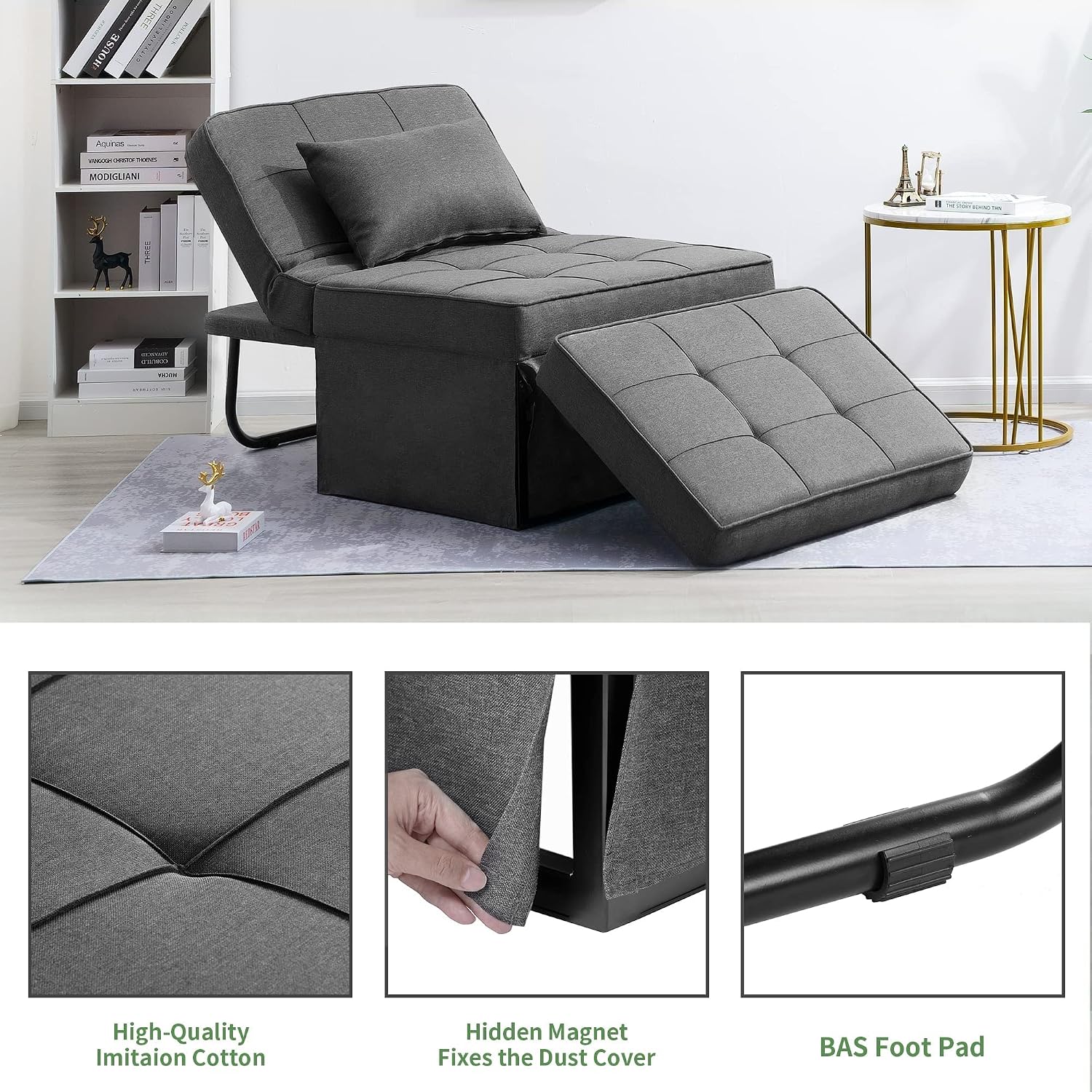 Dark Grey Linen 4-in-1 Sofa Bed Ottoman