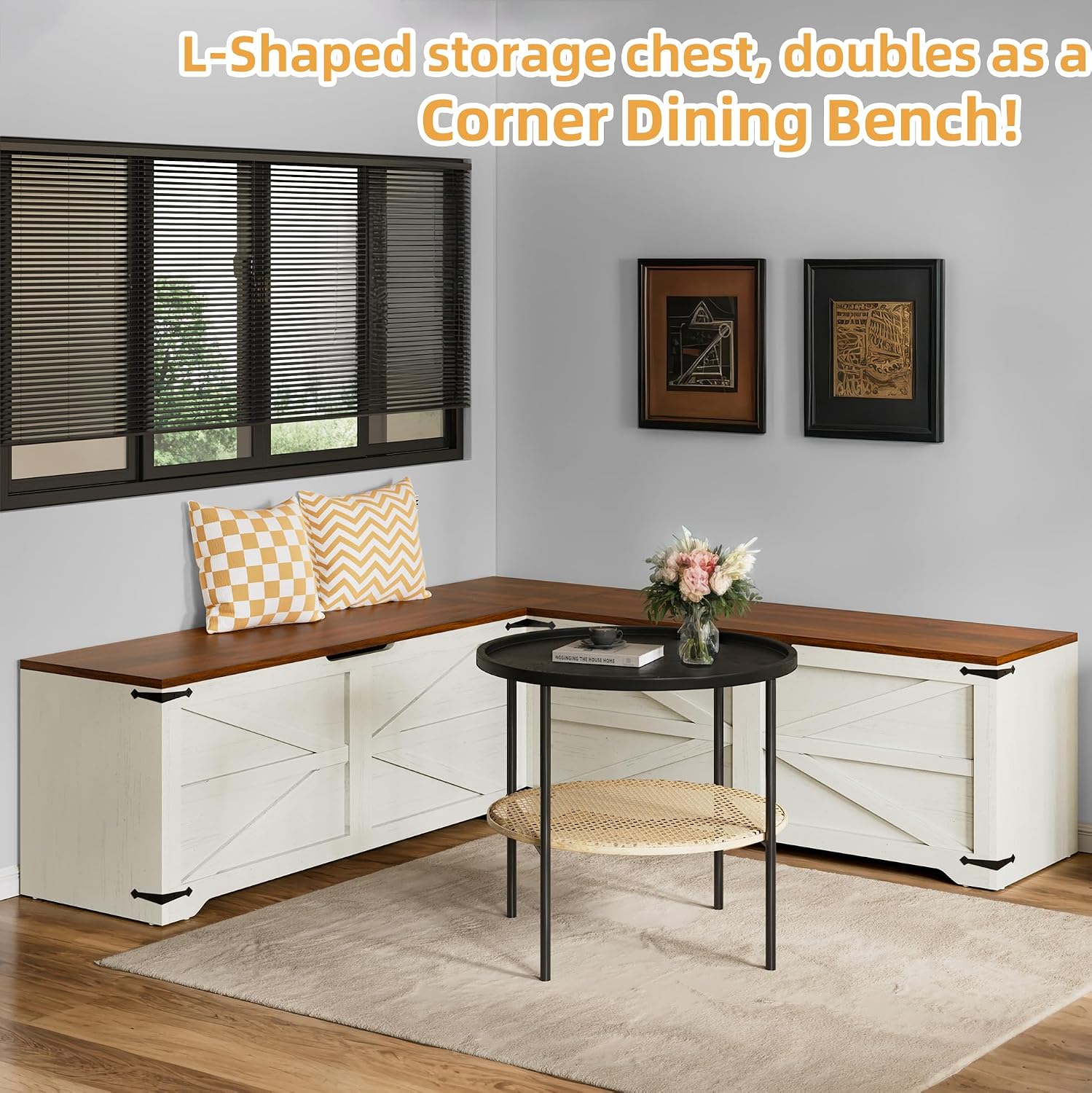 Wooden L Shaped Storage Nook Bench With Safety Hinges