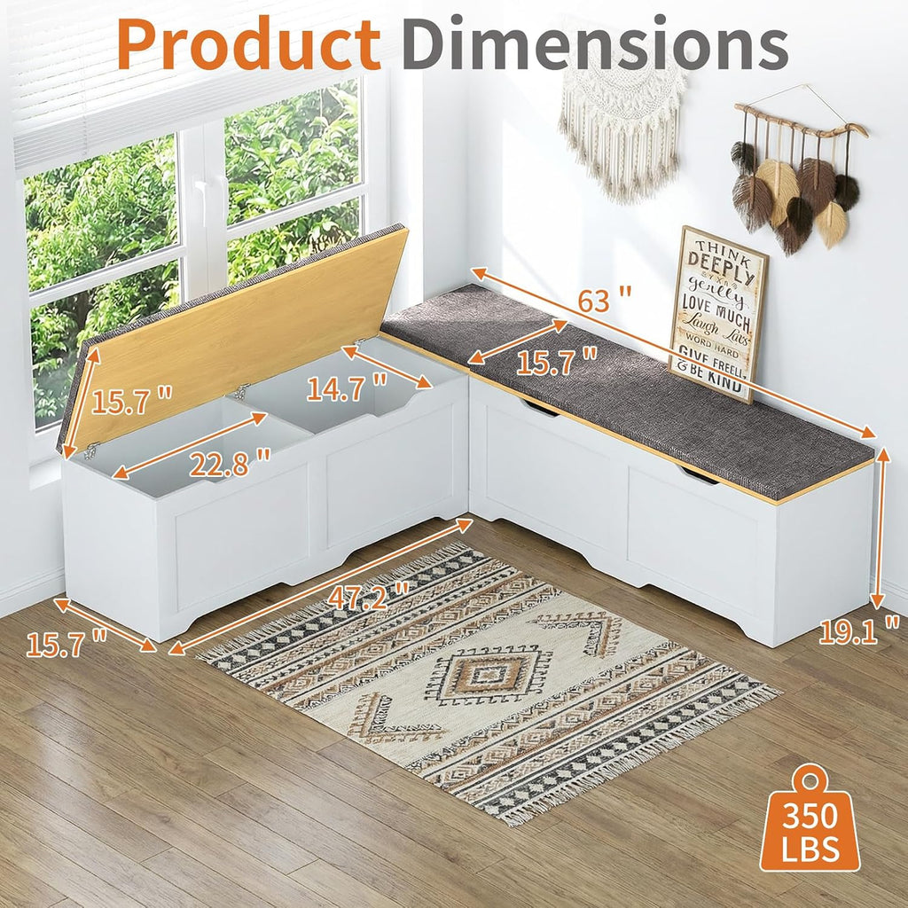 White Grey L Shaped Cushioned Storage Breakfast Nook Bench