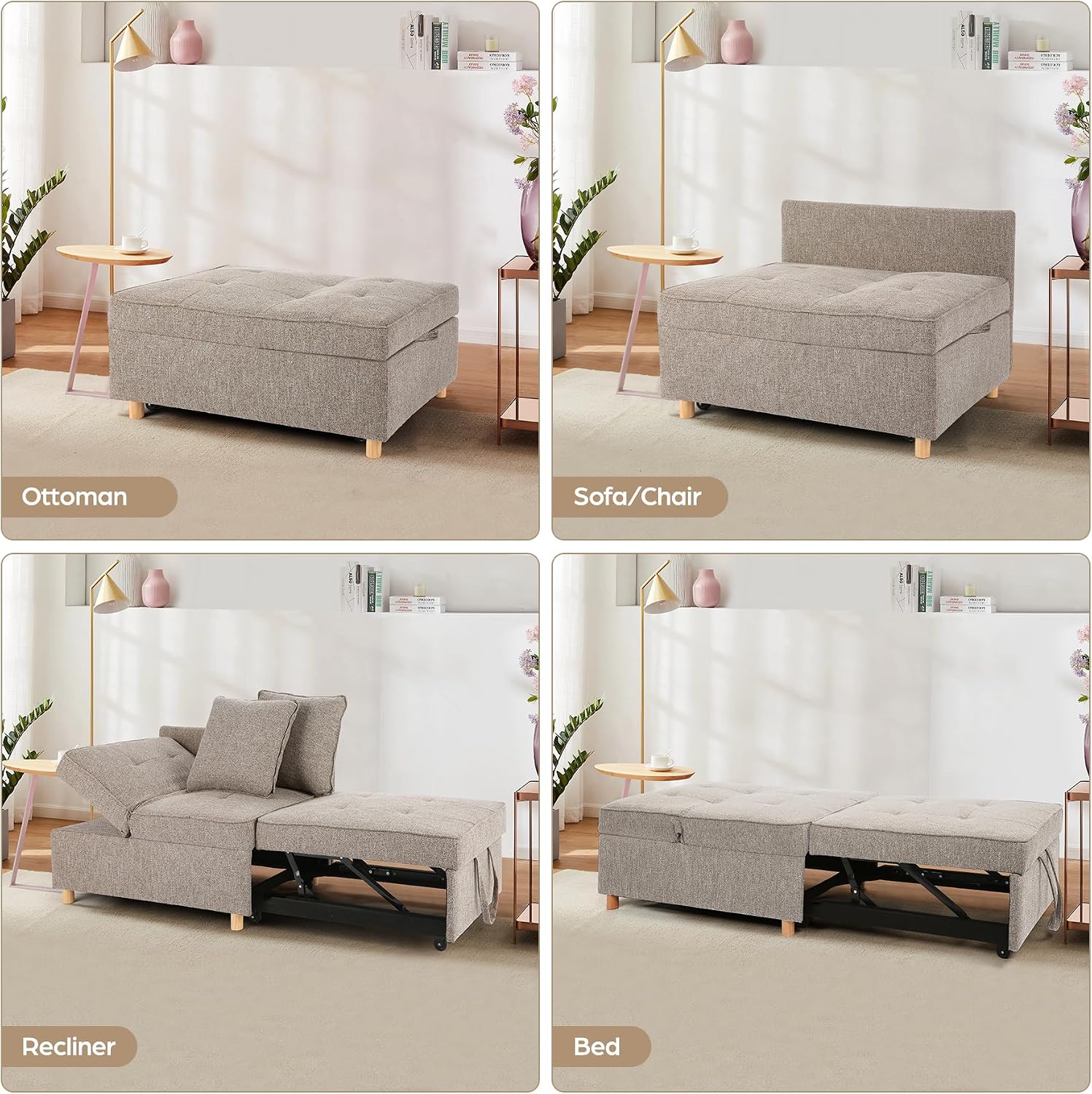 Brown Grey Linen 4-in-1 Convertible Sofa