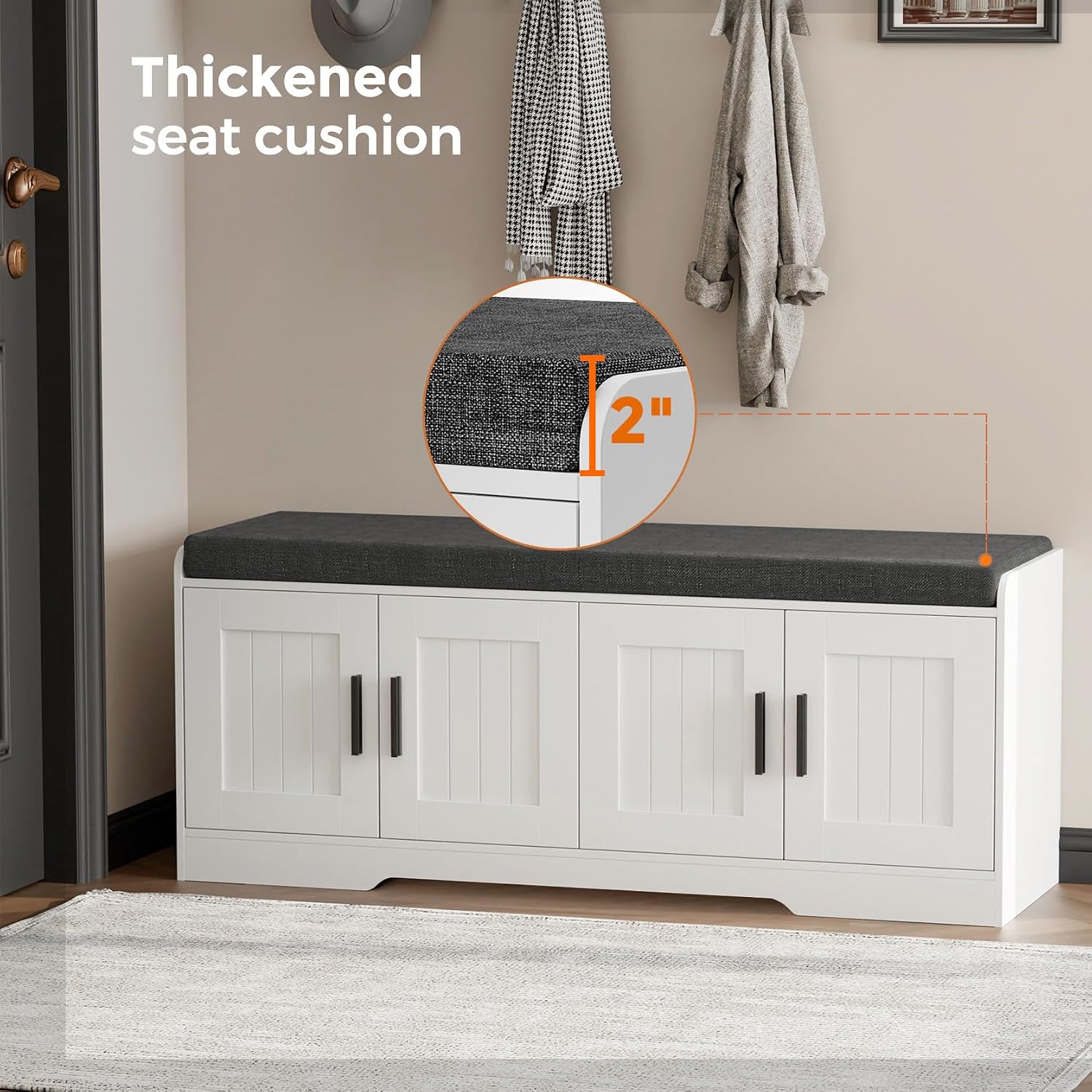 White Shoe Storage Bench With Padded Seat & 4 Doors
