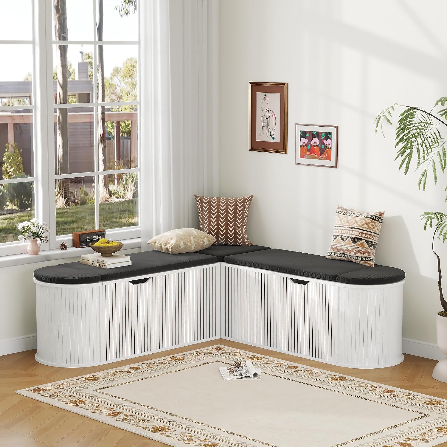 White Mid Century L Shaped Cushioned Storage Nook Bench