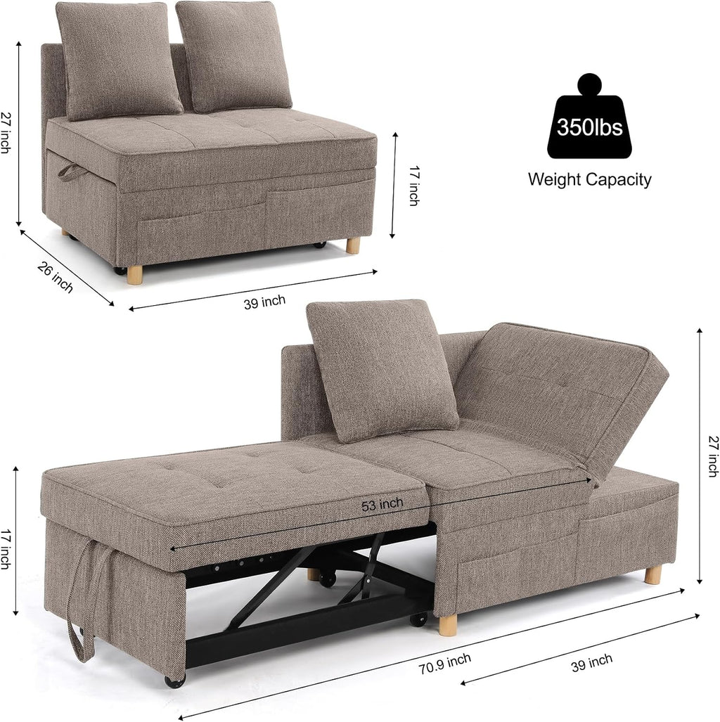 Brown Grey Linen 4-in-1 Convertible Sofa