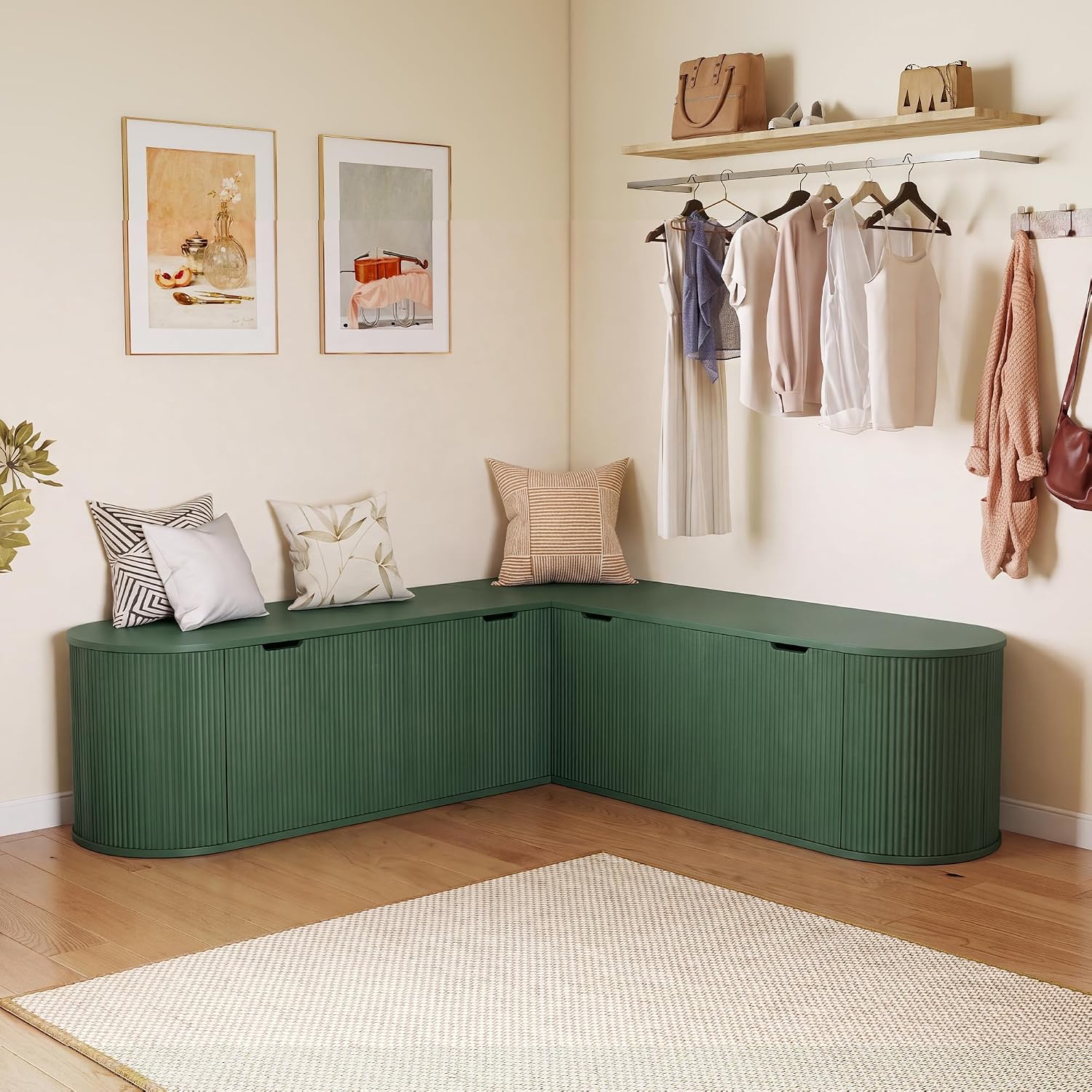 Green Fluted L Shaped Storage Breakfast Nook Bench