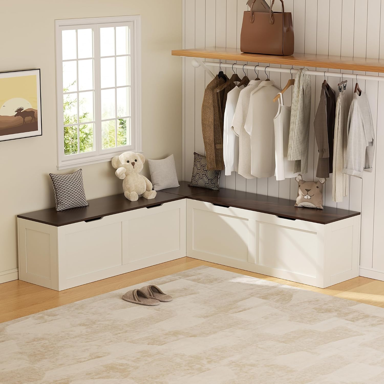 Walnut White L Shaped Storage Breakfast Nook Bench