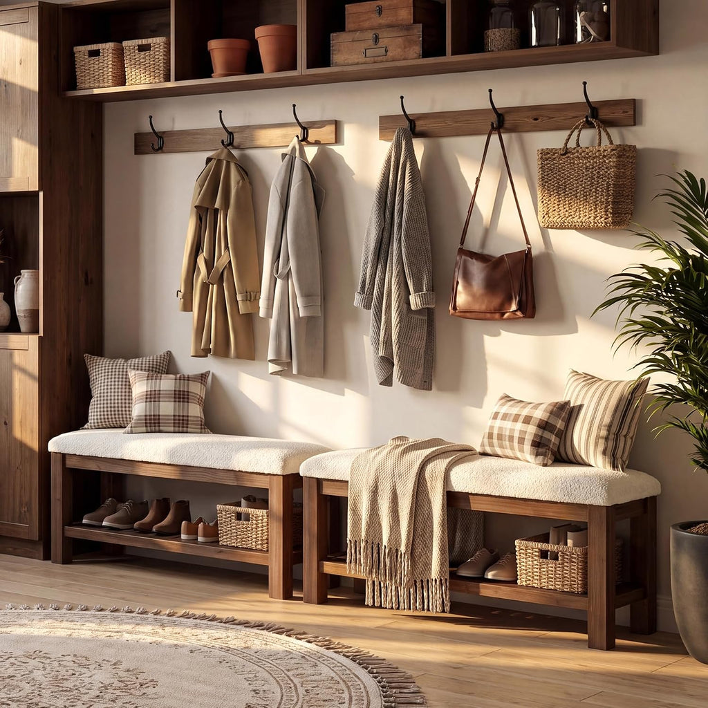 White Brown Solid Wood L Shaped Storage Bench Set