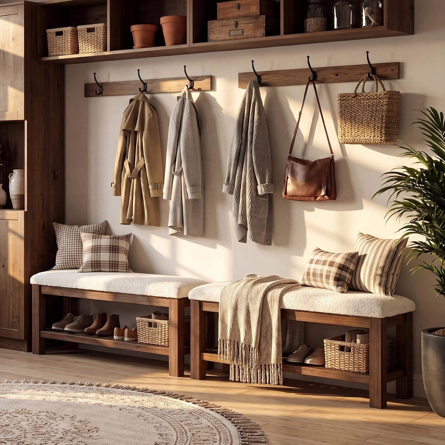 White Brown Solid Wood L Shaped Storage Bench Set