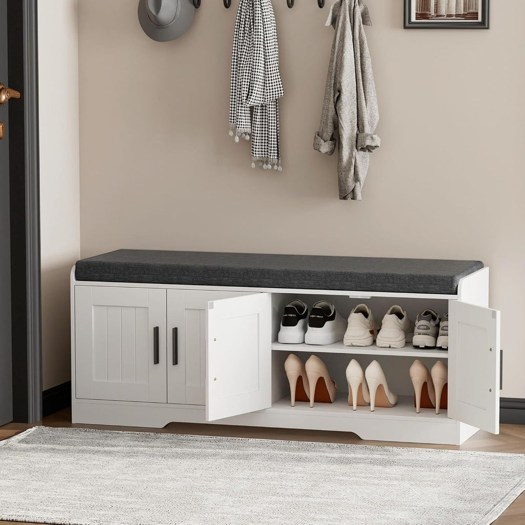 White Shoe Storage Bench With Padded Seat & 4 Doors