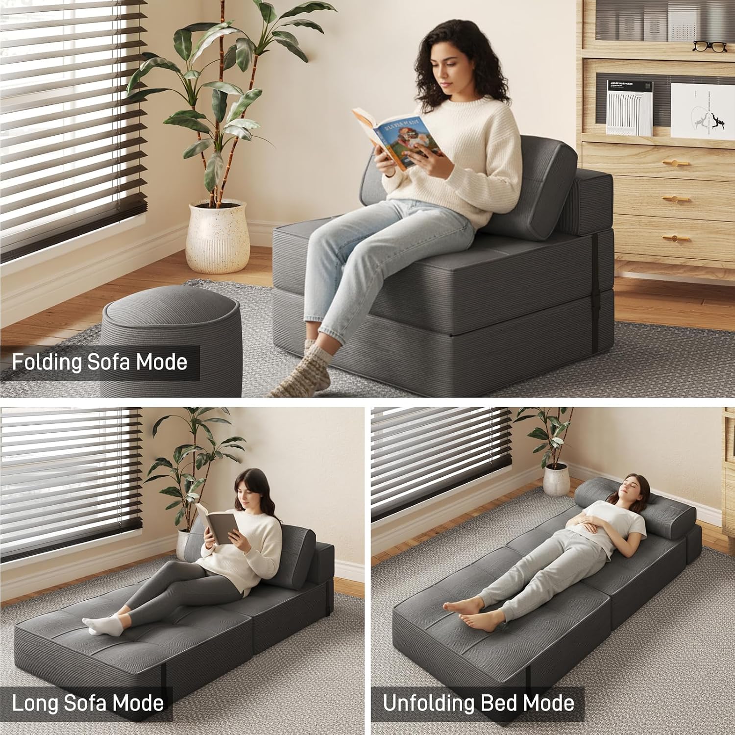 Gray Corduroy 3-in-1 Sofa Bed Ottoman