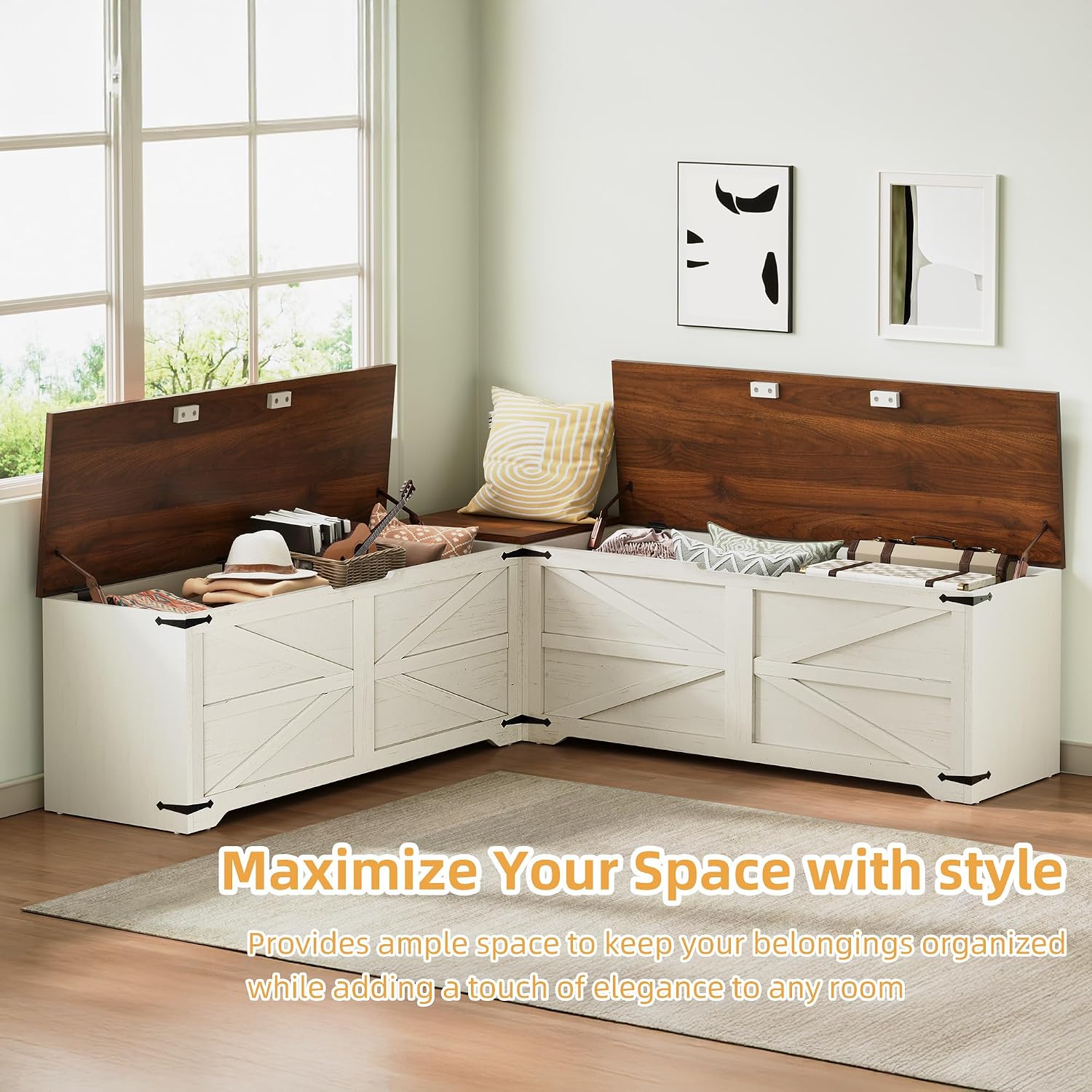 Wooden L Shaped Storage Nook Bench With Safety Hinges