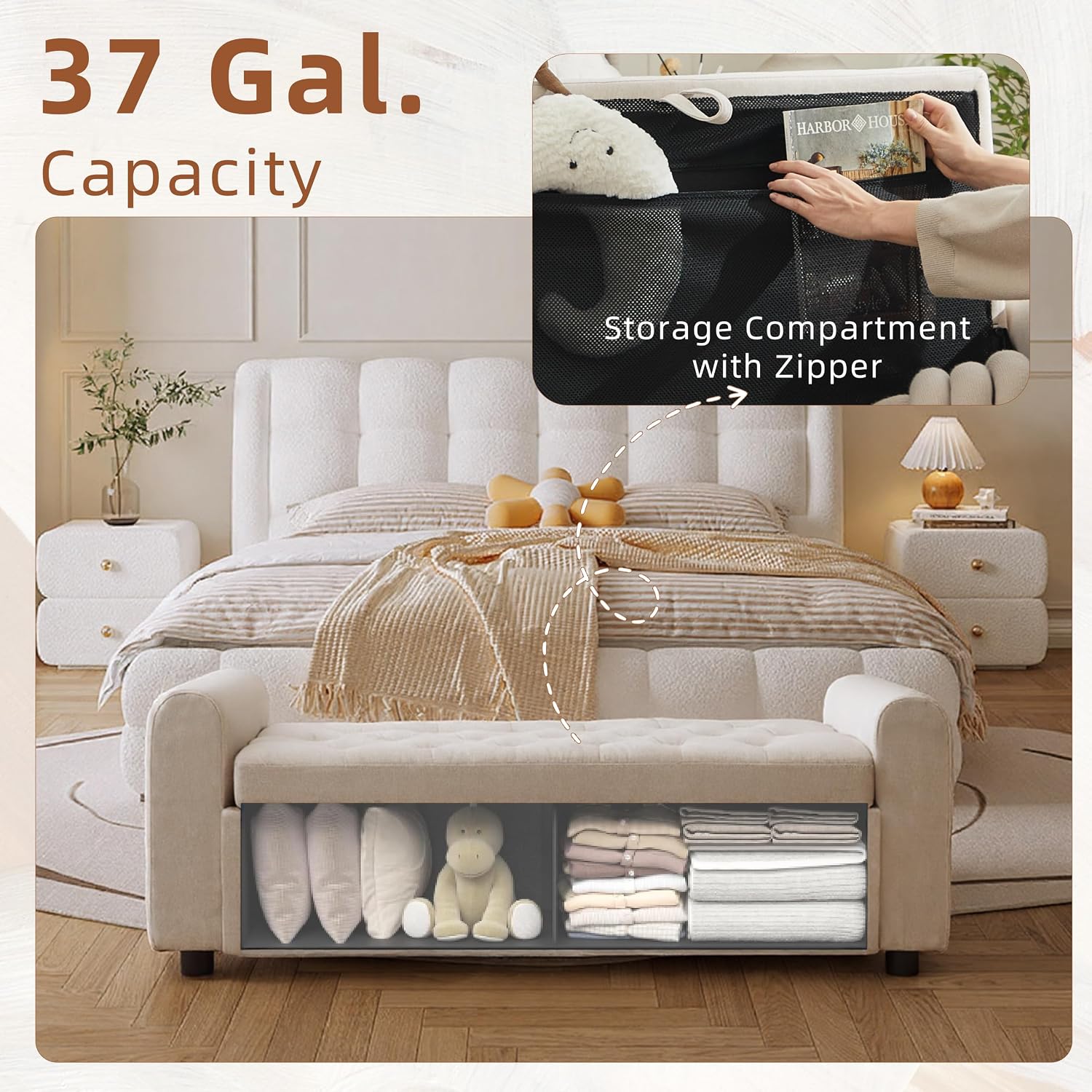 Beige Tufted Storage Ottoman Bench With Arm