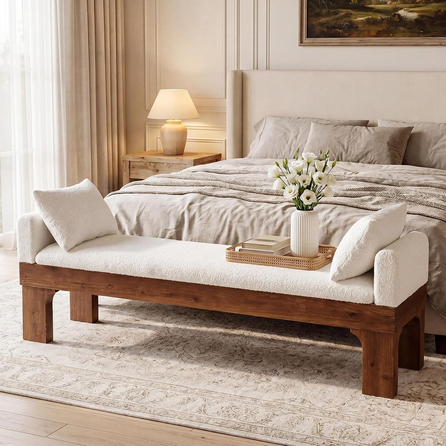 White Boucle Upholstered End of Bed Bench With Pillows