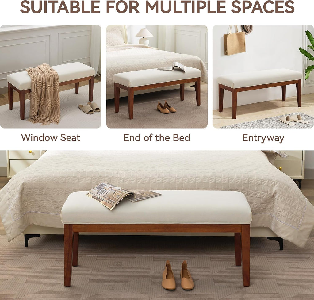White Linen Upholstered Bench With Wood Legs