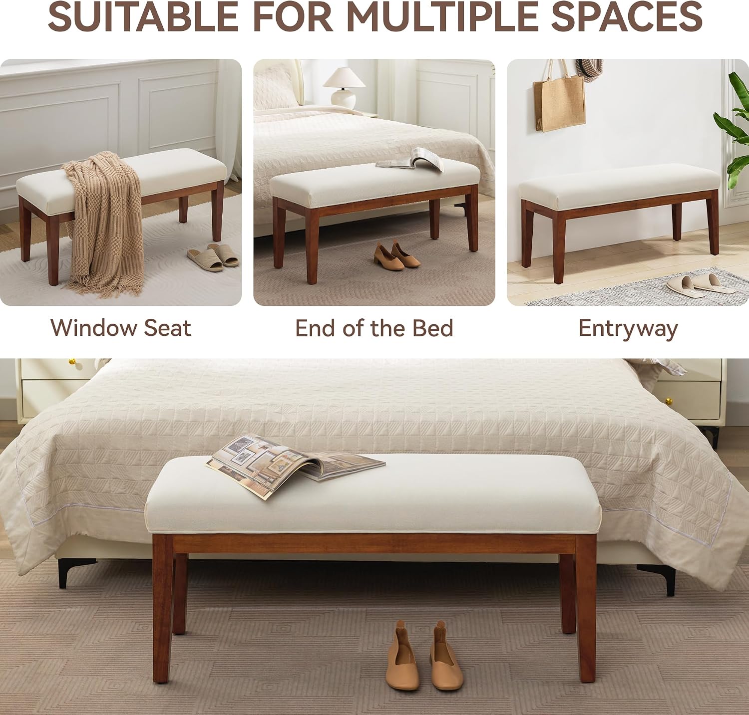 White Linen Upholstered Bench With Wood Legs
