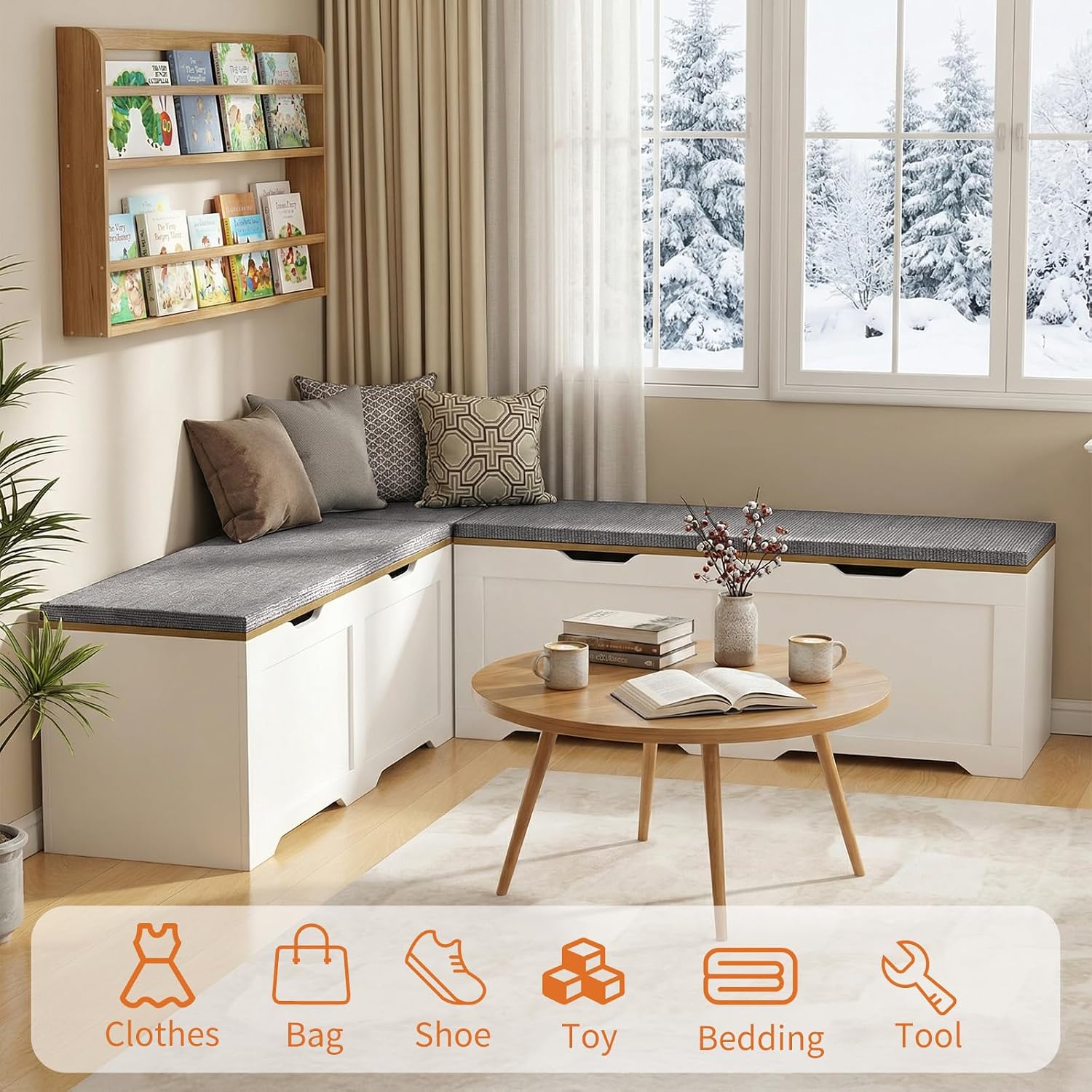 White Grey L Shaped Cushioned Storage Breakfast Nook Bench