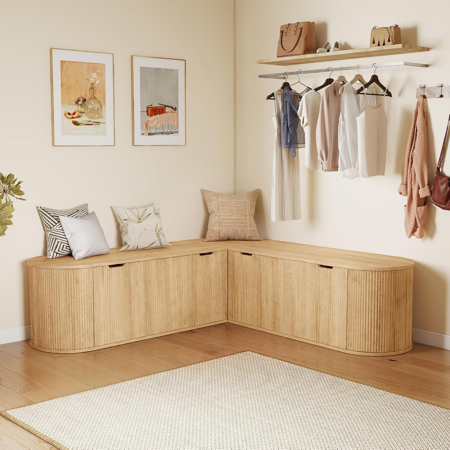 Natural Fluted L Shaped Storage Breakfast Nook Bench