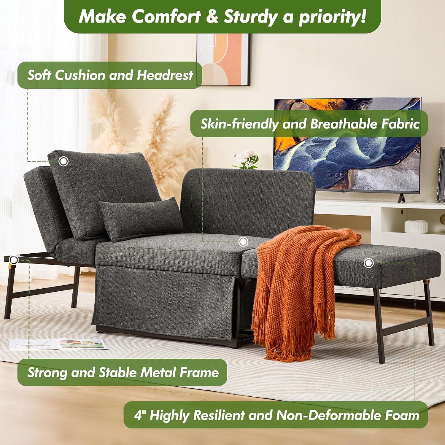 Dark Grey Linen 5-in-1 Sofa Bed