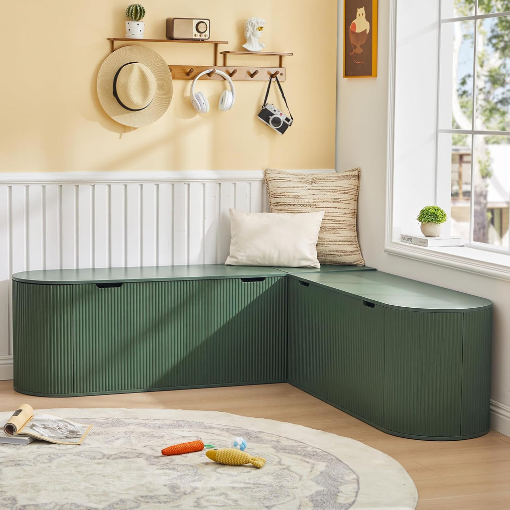 Green Fluted L Shaped Storage Breakfast Nook Bench