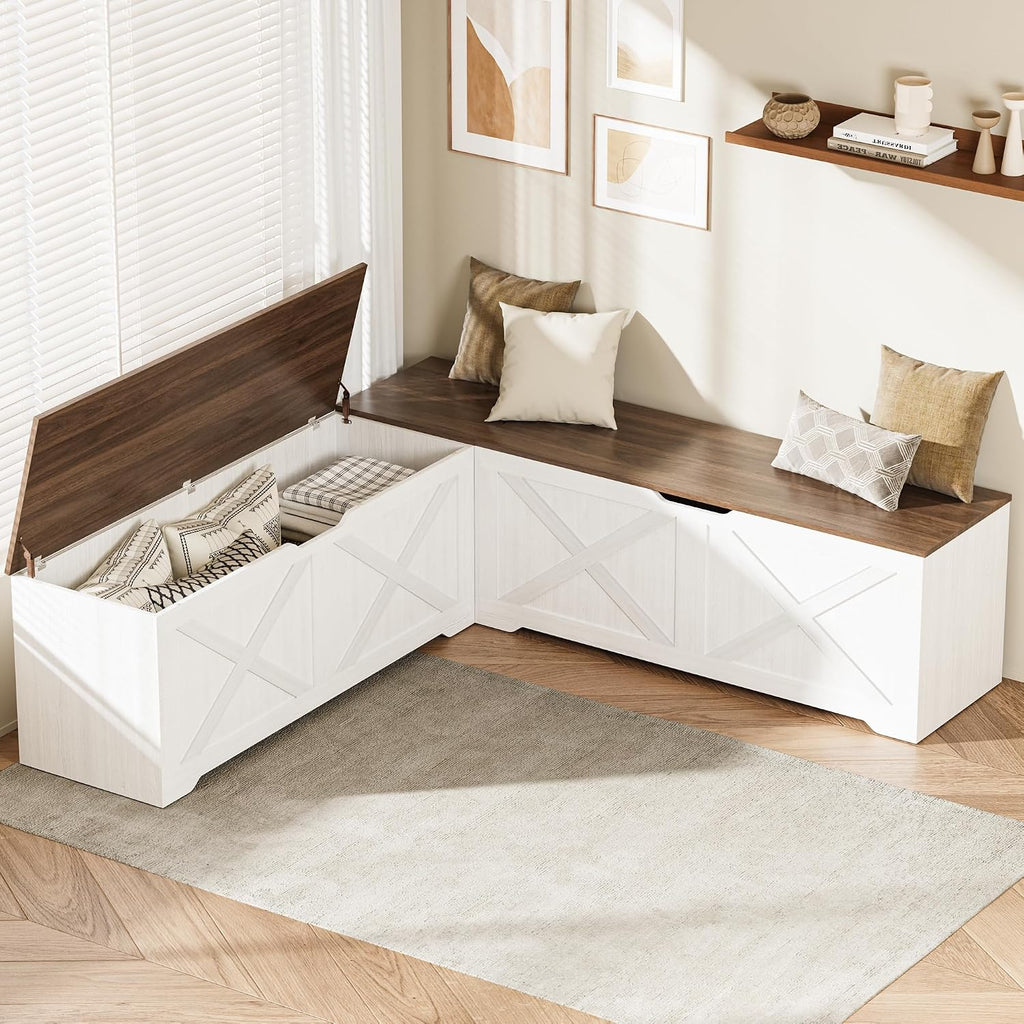 Walnut White L Shaped Storage Breakfast Nook Bench