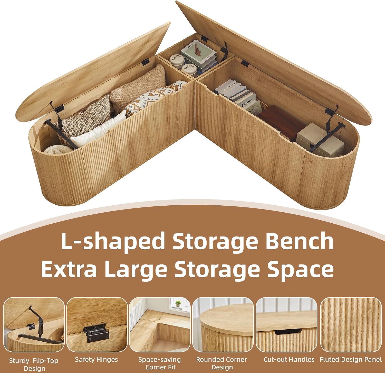 Natural Fluted L Shaped Storage Breakfast Nook Bench