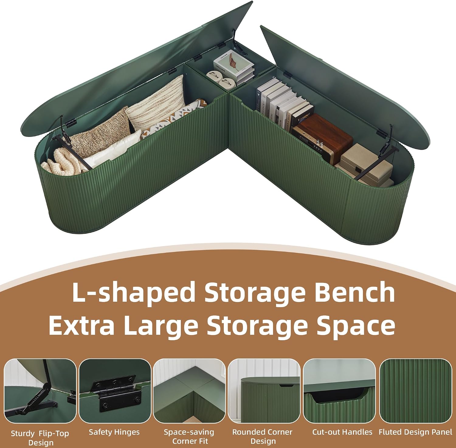 Green Fluted L Shaped Storage Breakfast Nook Bench