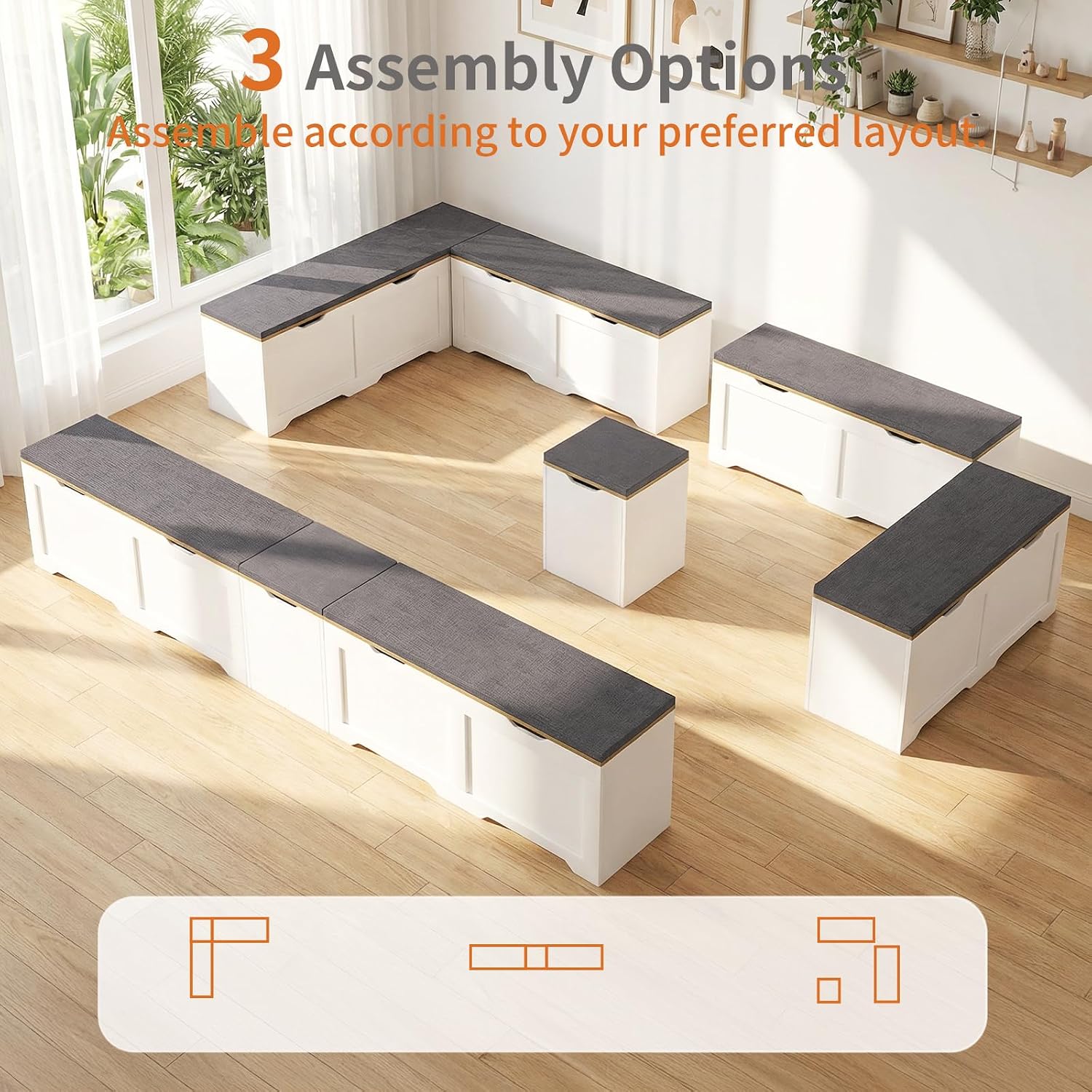 White Grey L Shaped Cushioned Storage Breakfast Nook Bench