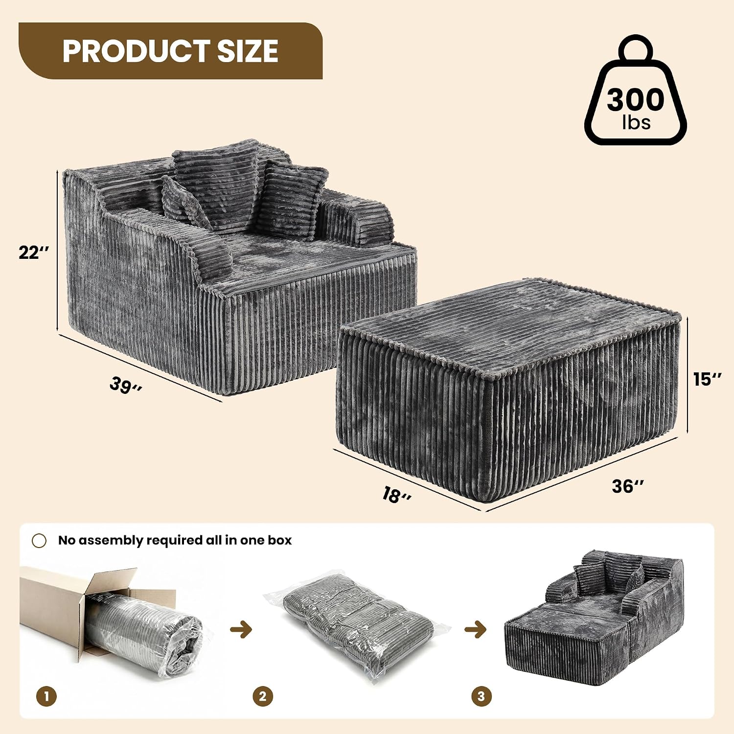 Grey Boneless Lounge Chair With Ottoman