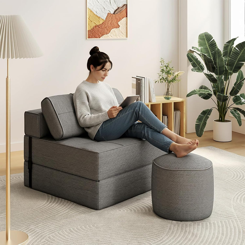 Gray Corduroy 3-in-1 Sofa Bed Ottoman