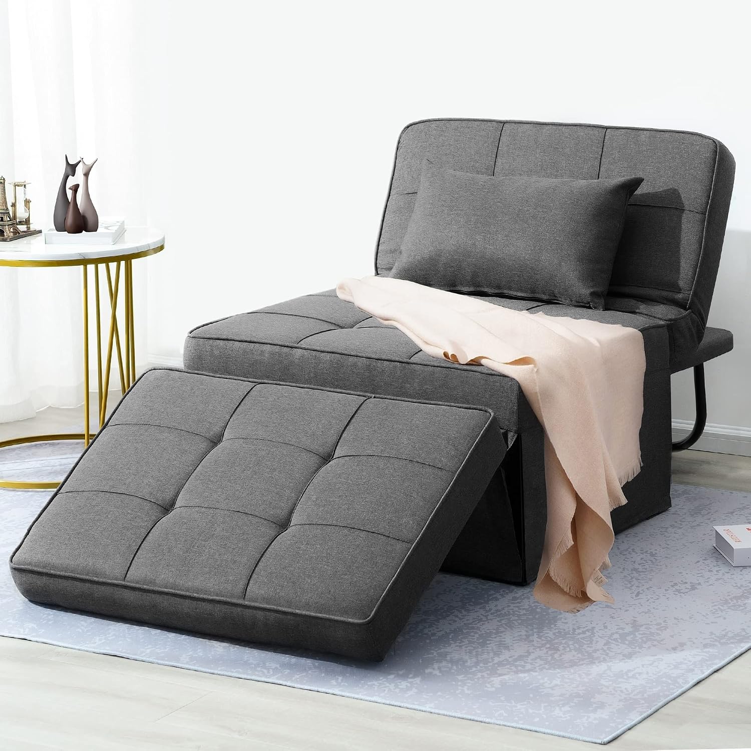 Dark Grey Linen 4-in-1 Sofa Bed Ottoman