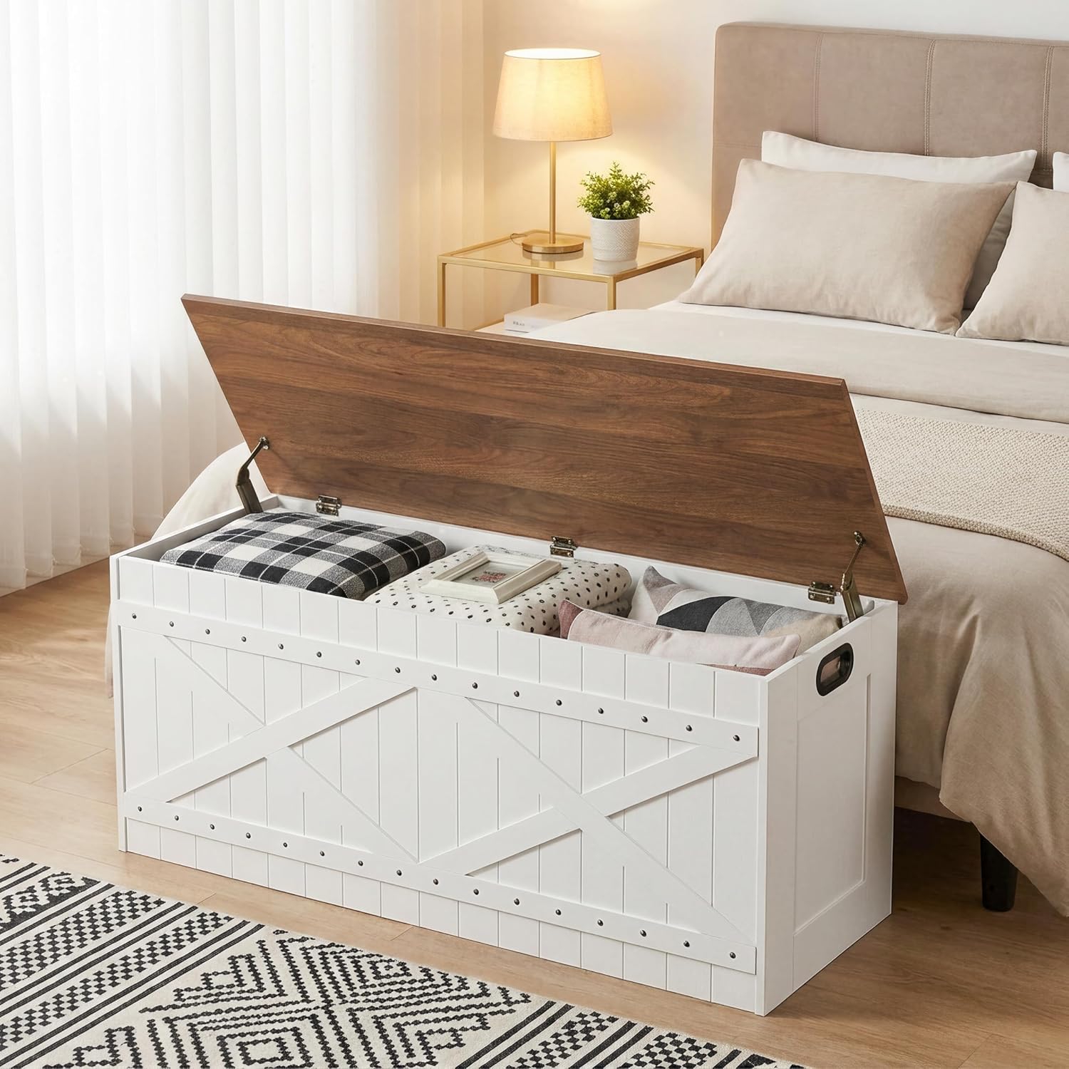 White Brown Riveted Wooden Storage Toy Chest Bench