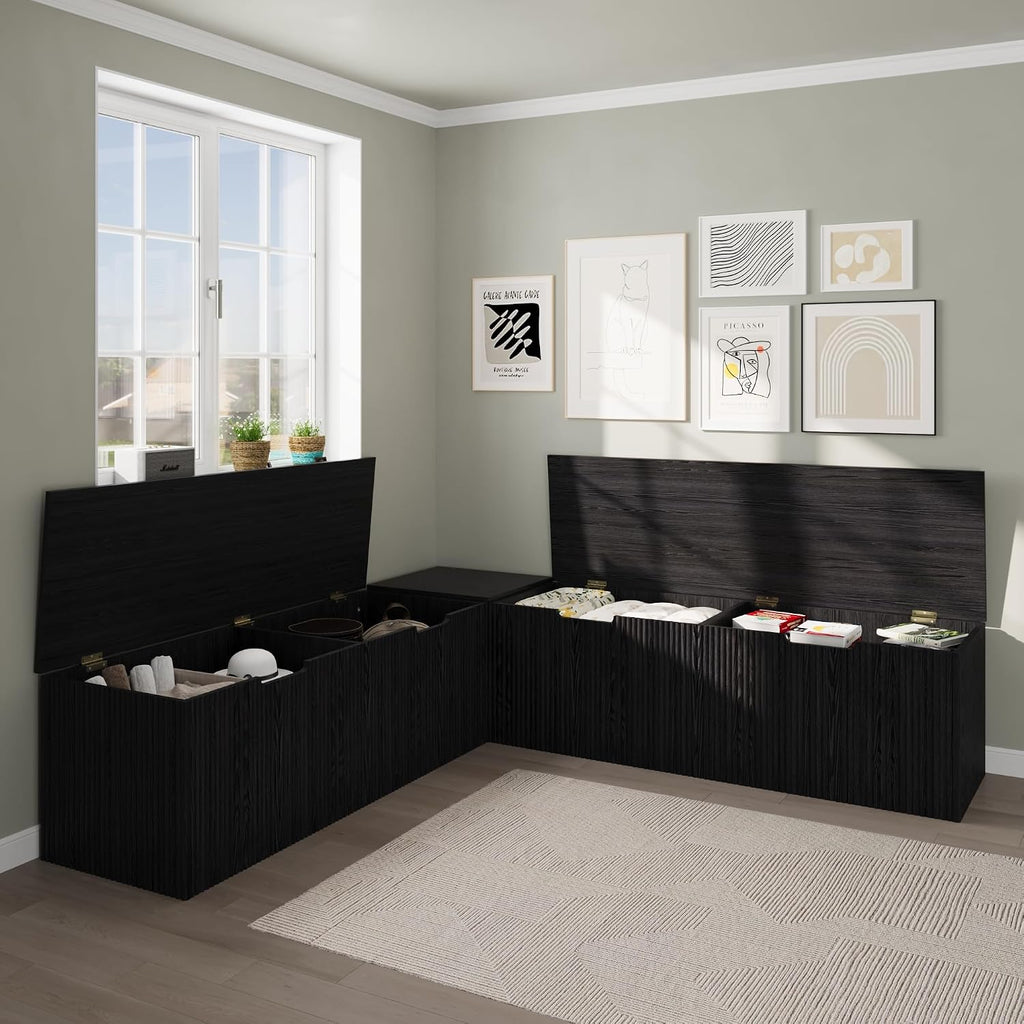 Black L Shaped Cushioned Storage Nook Bench