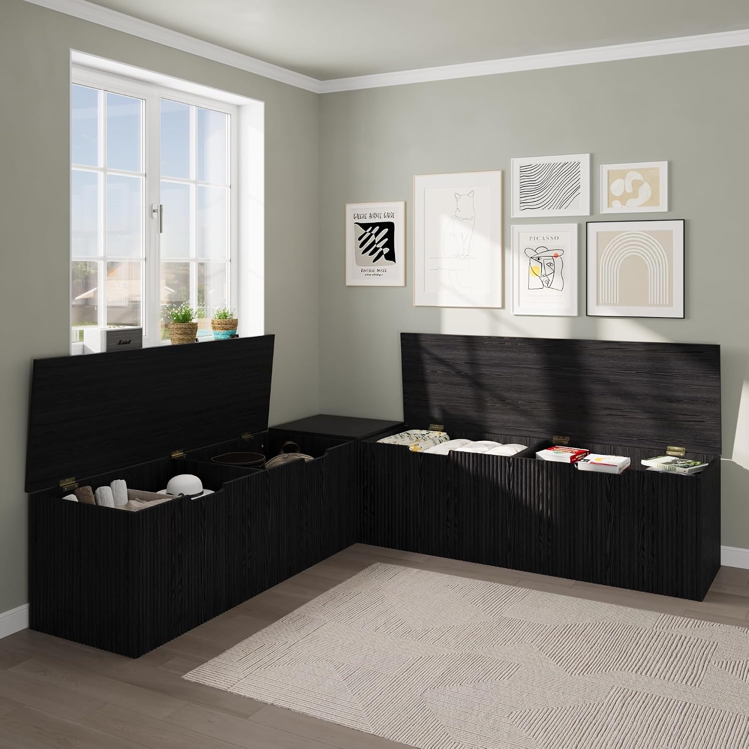Black L Shaped Cushioned Storage Nook Bench