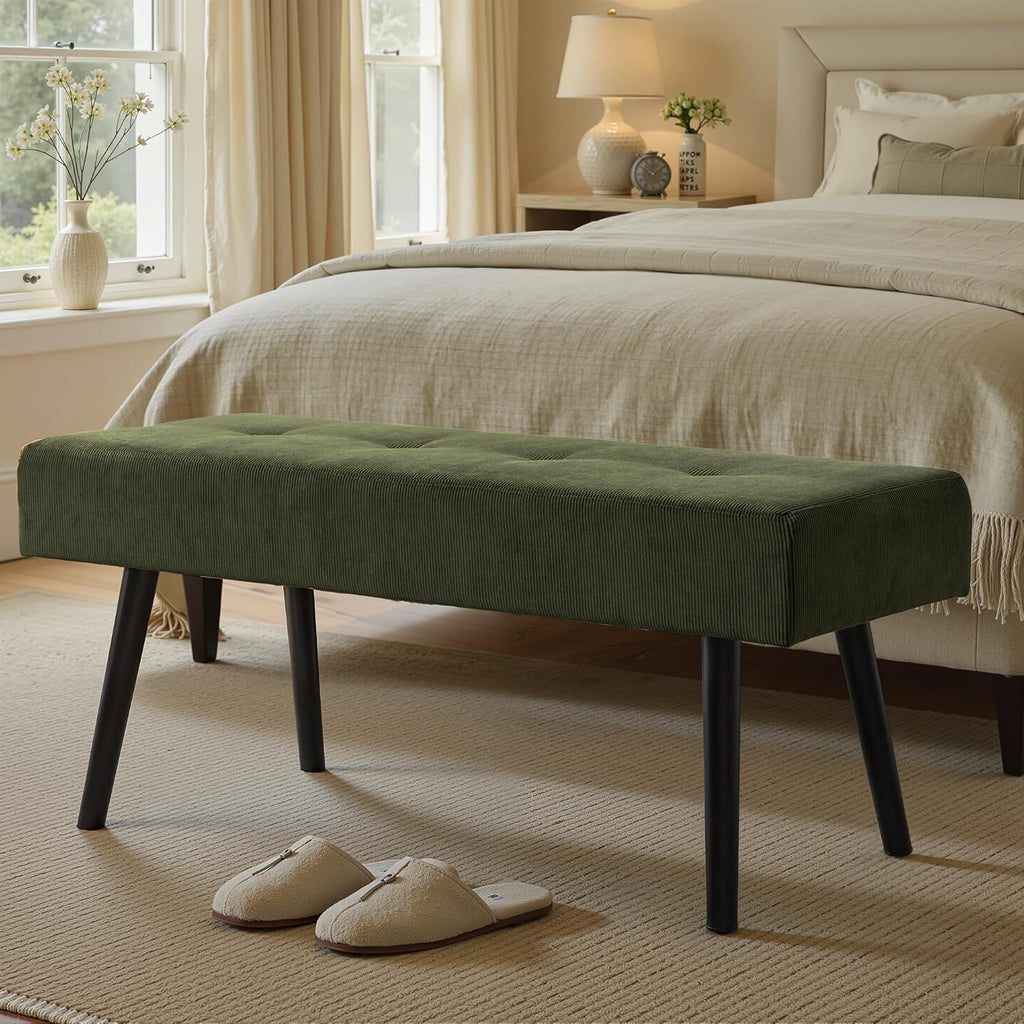 Green Corduroy Padded Entryway Ottoman Bench