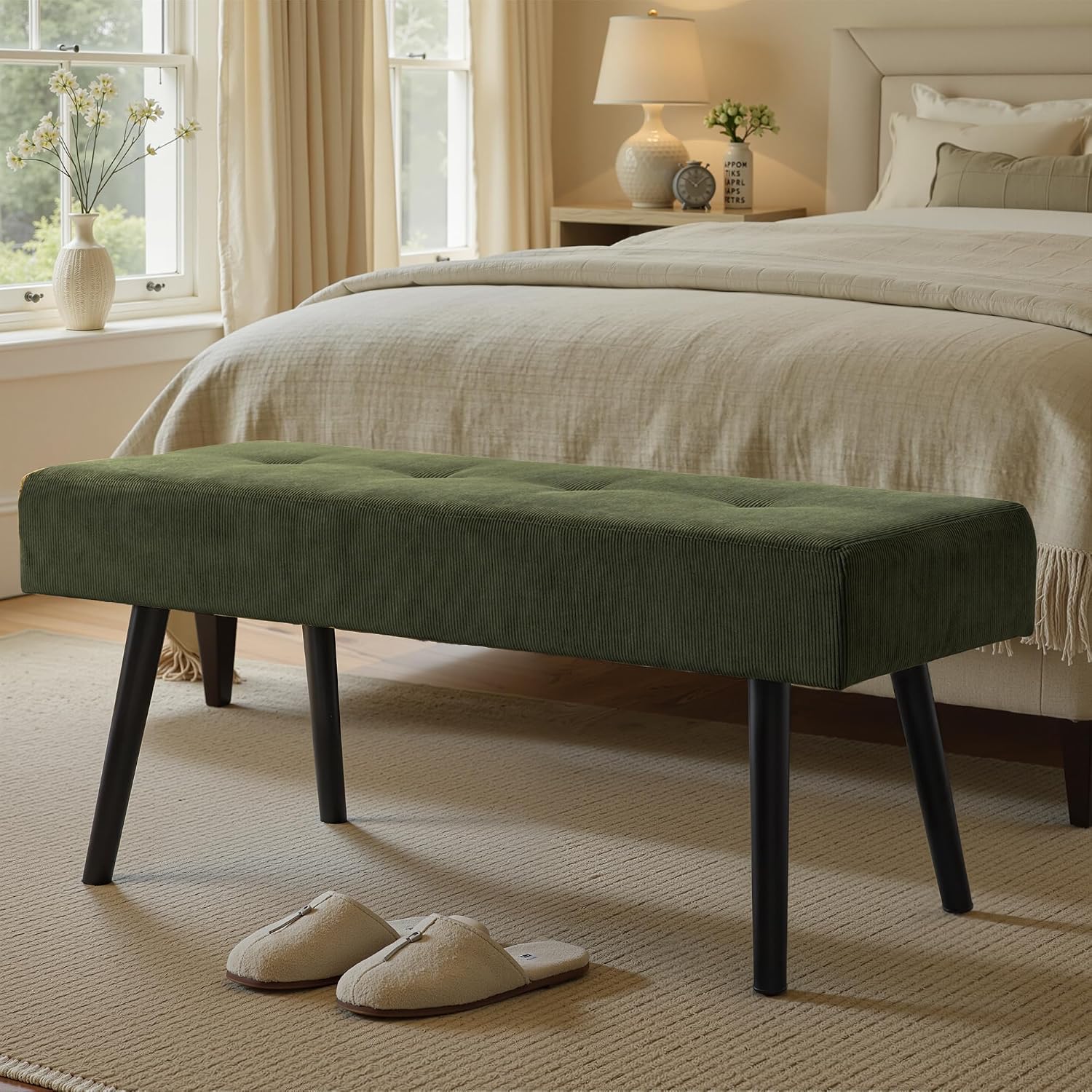 Green Corduroy Padded Entryway Ottoman Bench