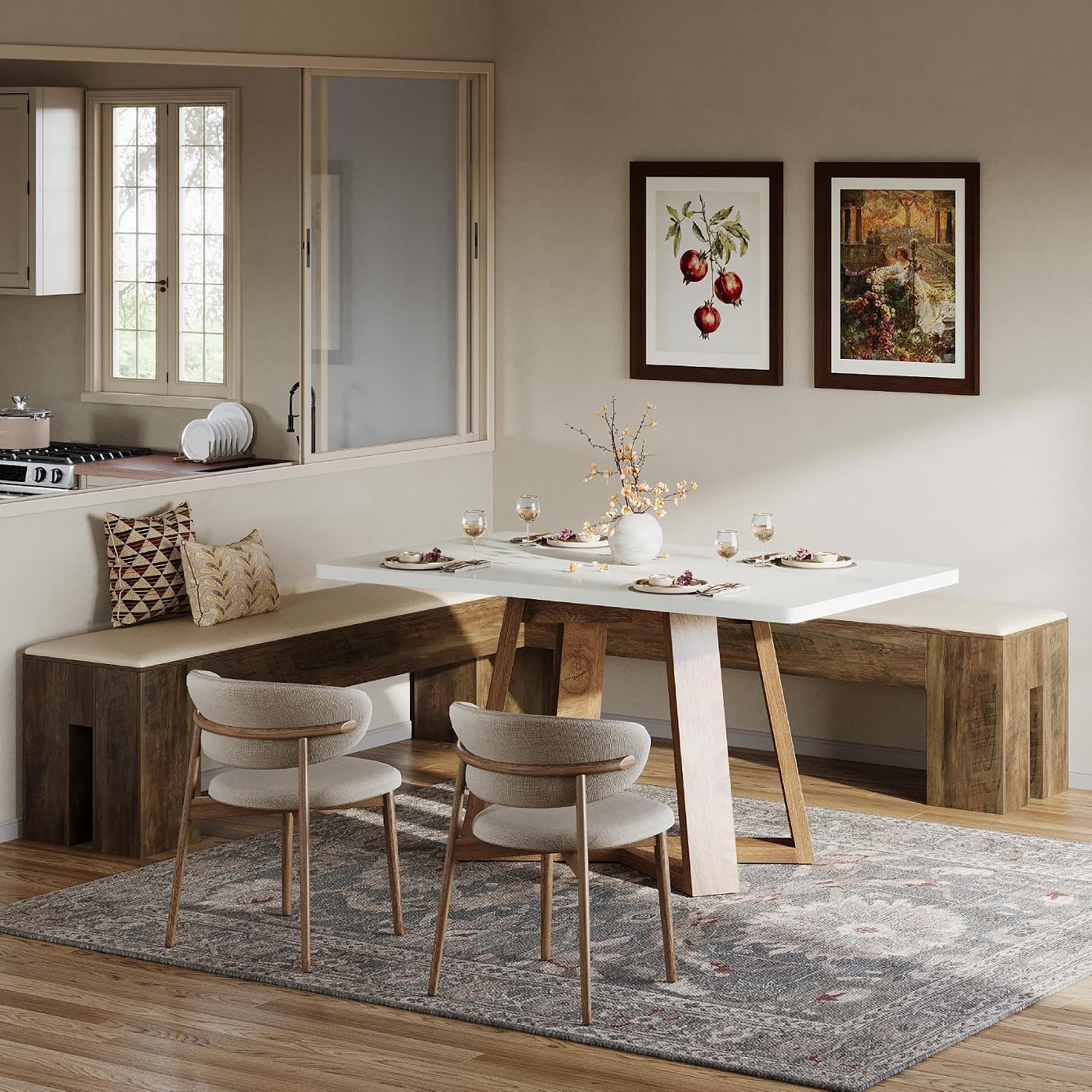 White Brown Farmhouse L Shaped Cushioned Nook Bench
