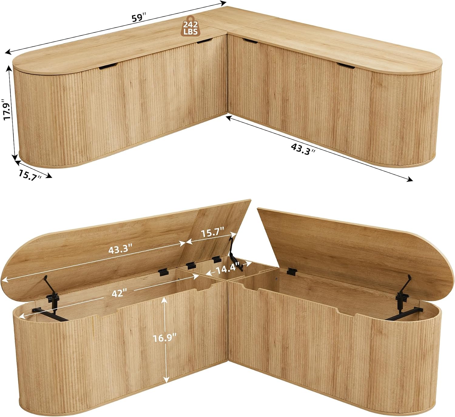 Natural Fluted L Shaped Storage Breakfast Nook Bench