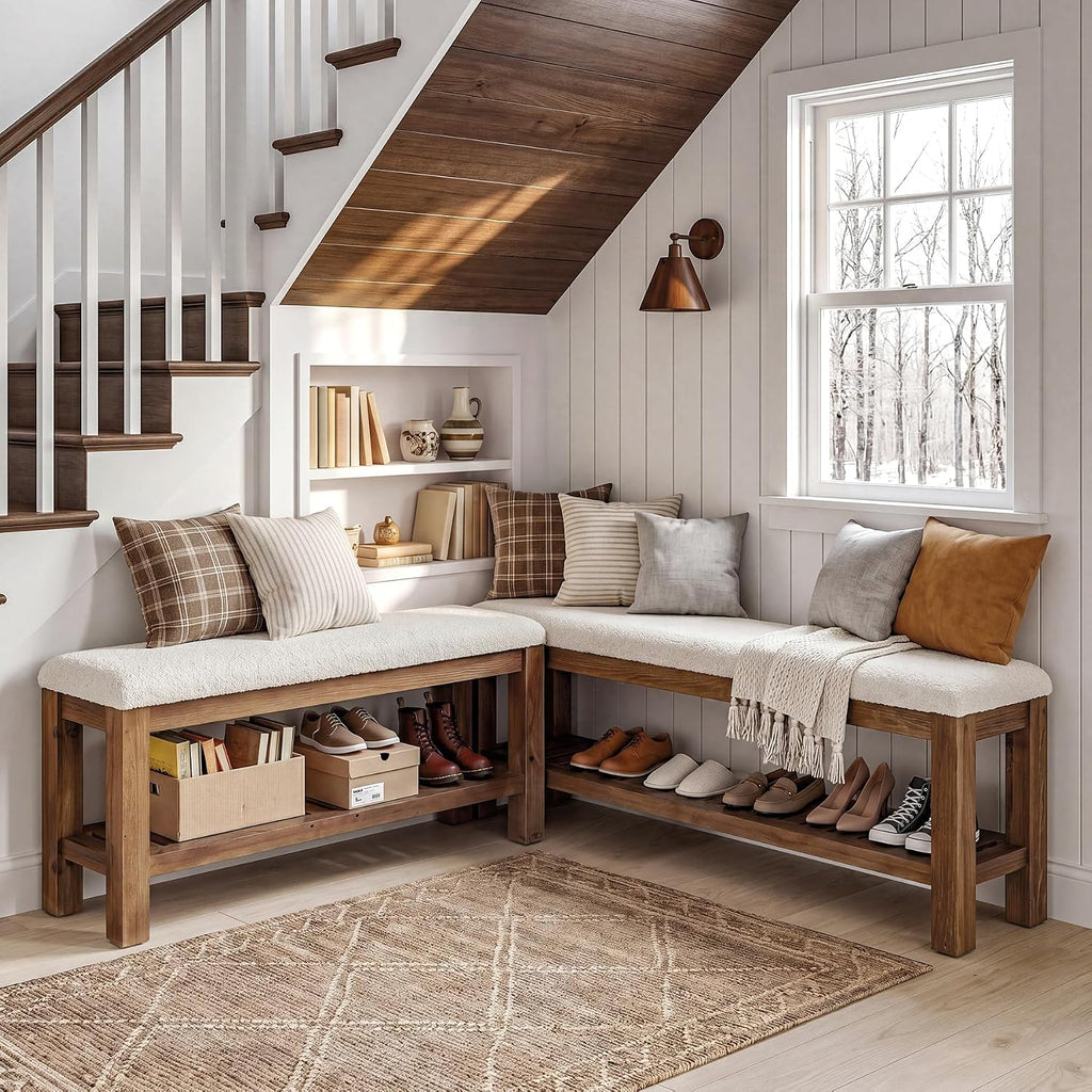 White Brown Solid Wood L Shaped Storage Bench Set